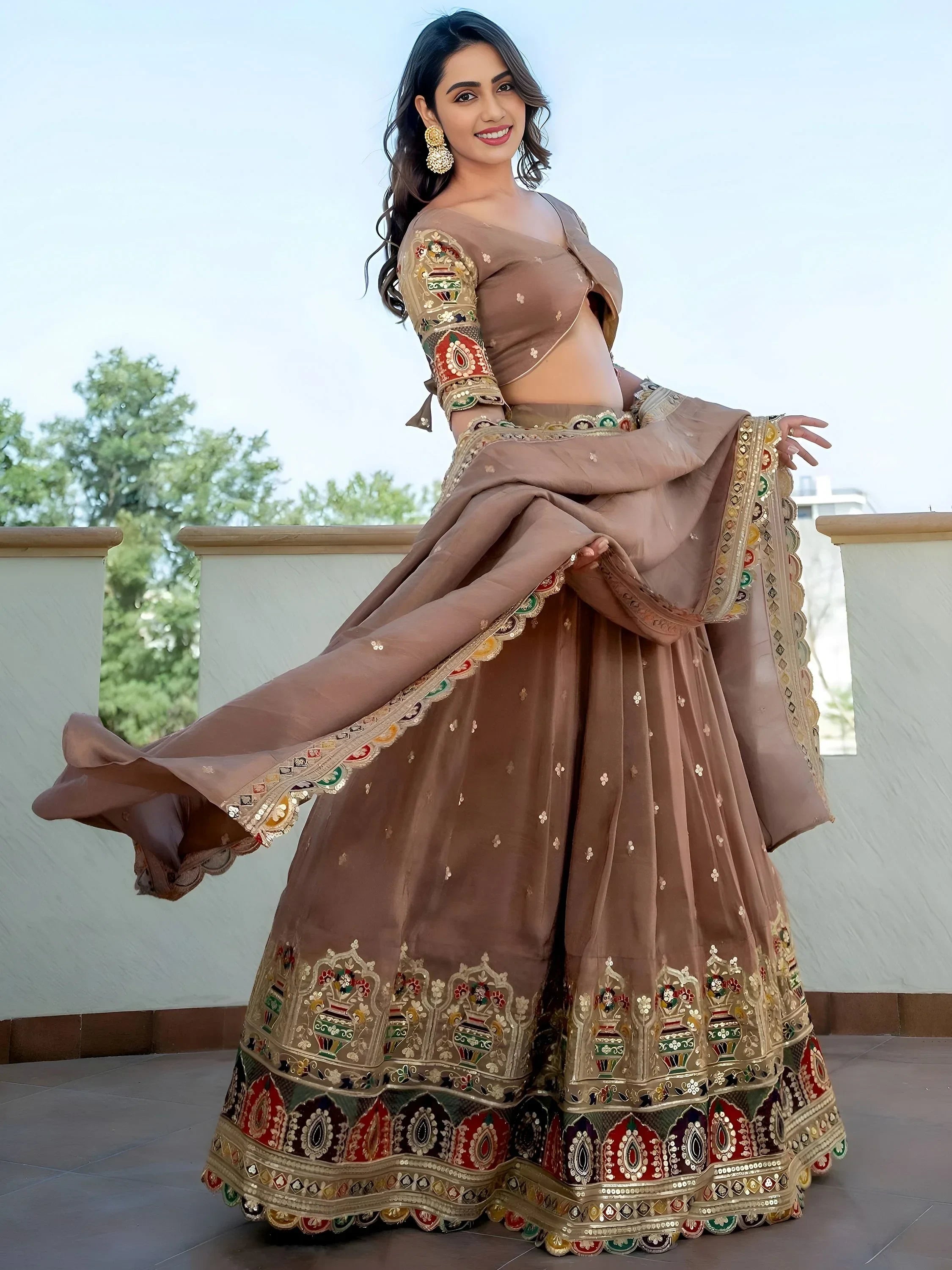 Beige Stunning Silk Sequins Party Wear Lehenga Choli With Dupatta