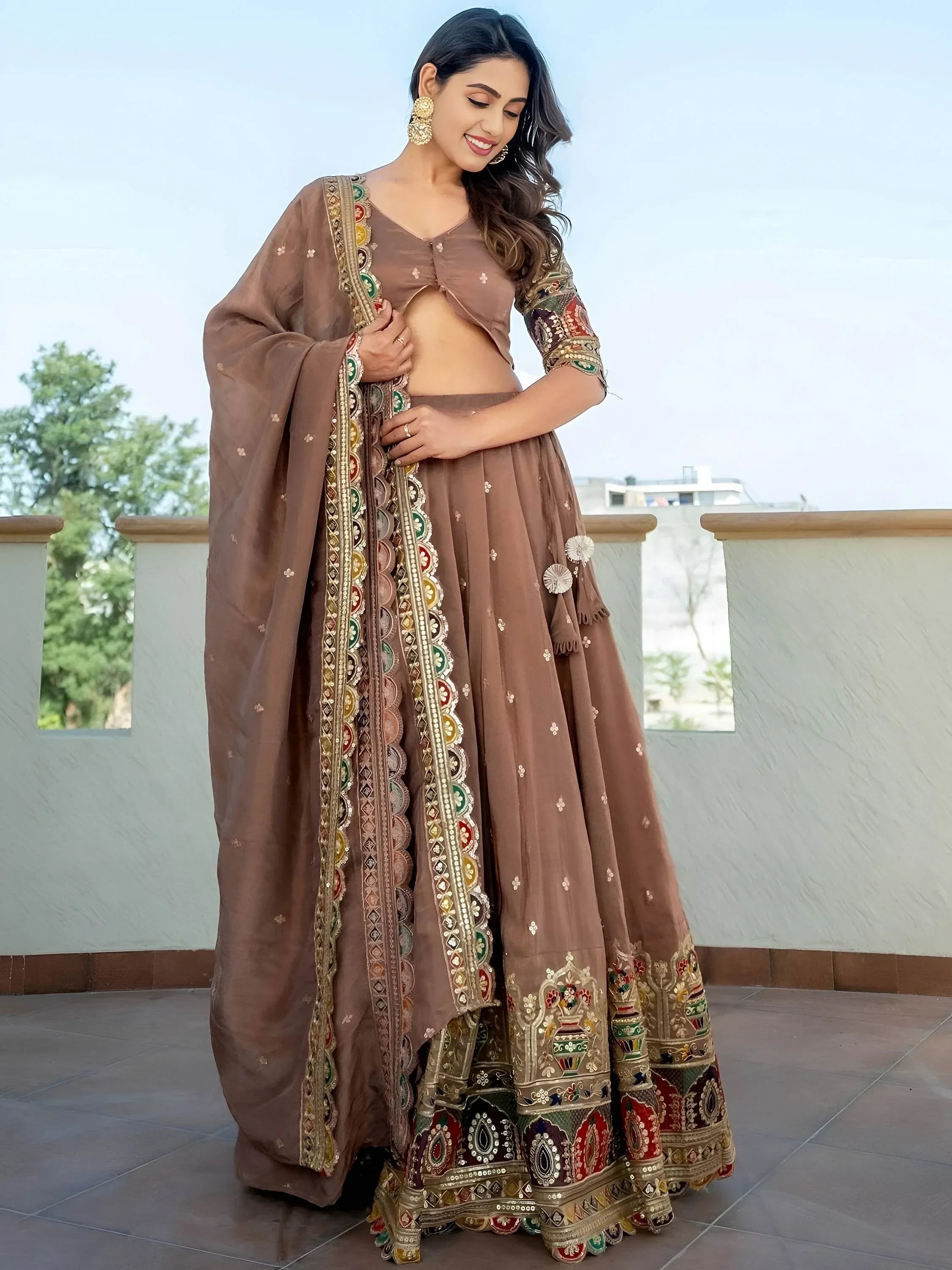 Beige Stunning Silk Sequins Party Wear Lehenga Choli With Dupatta