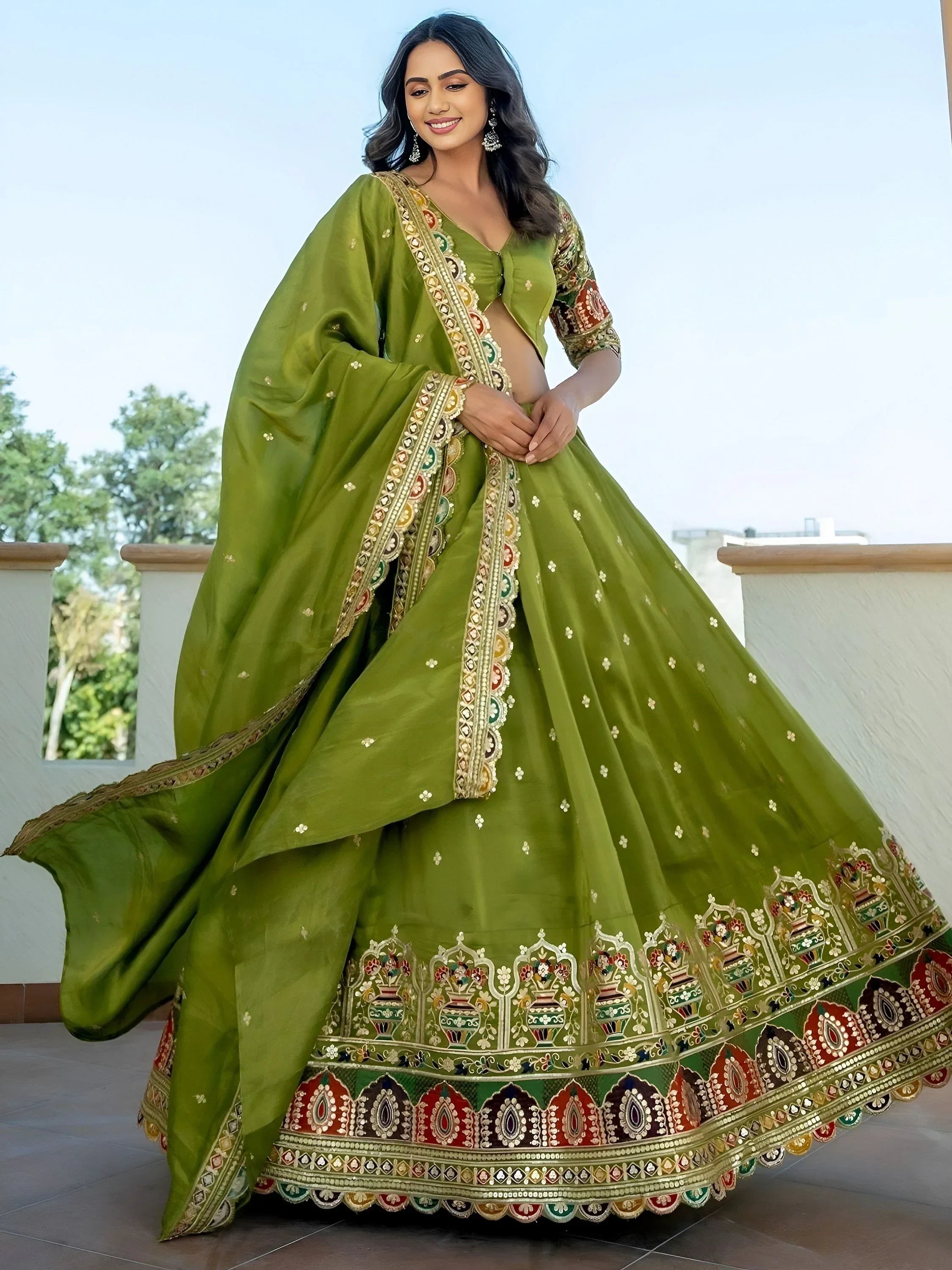 Green Stunning Silk Sequins Party Wear Lehenga Choli With Dupatta