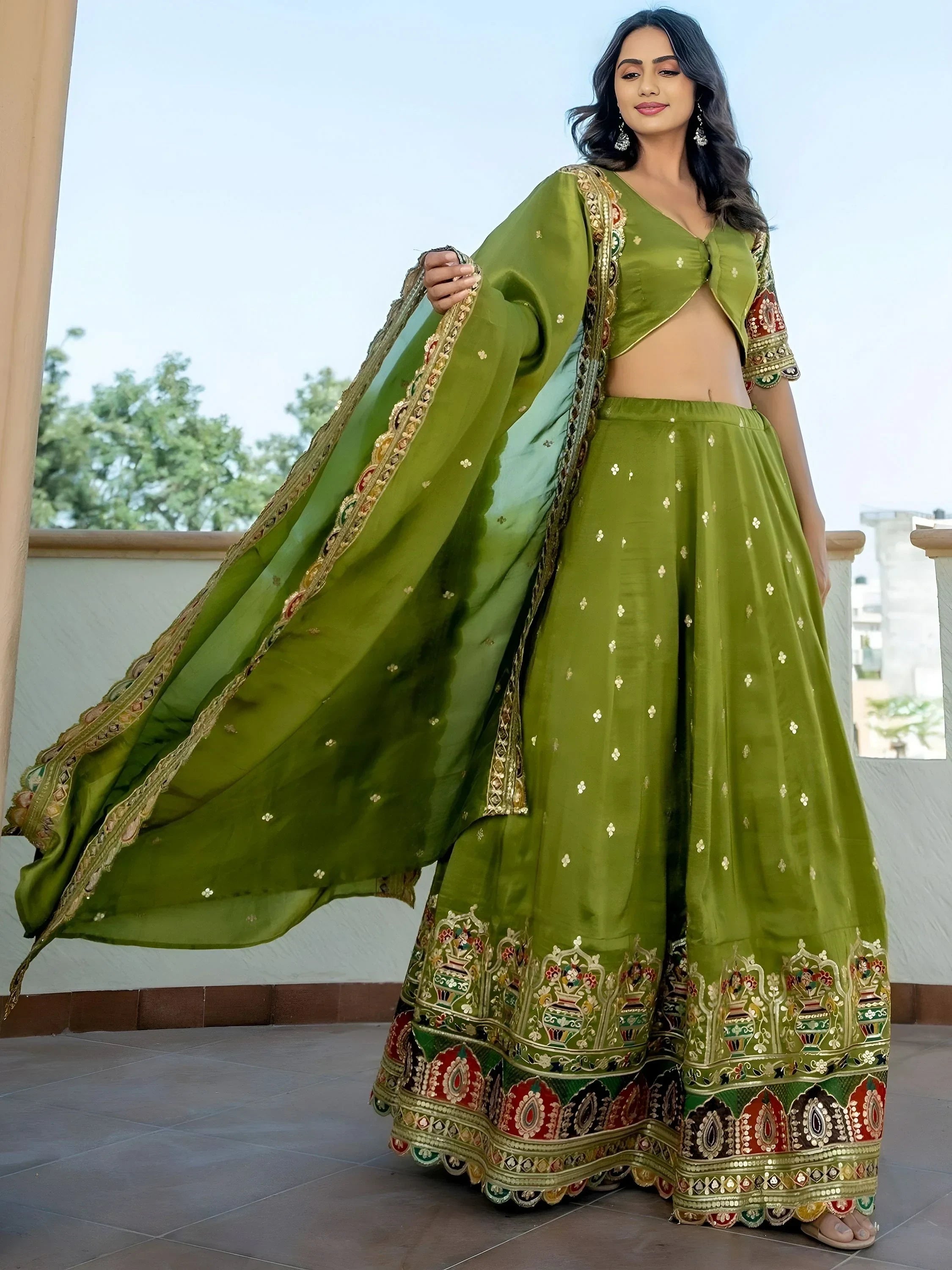 Green Stunning Silk Sequins Party Wear Lehenga Choli With Dupatta