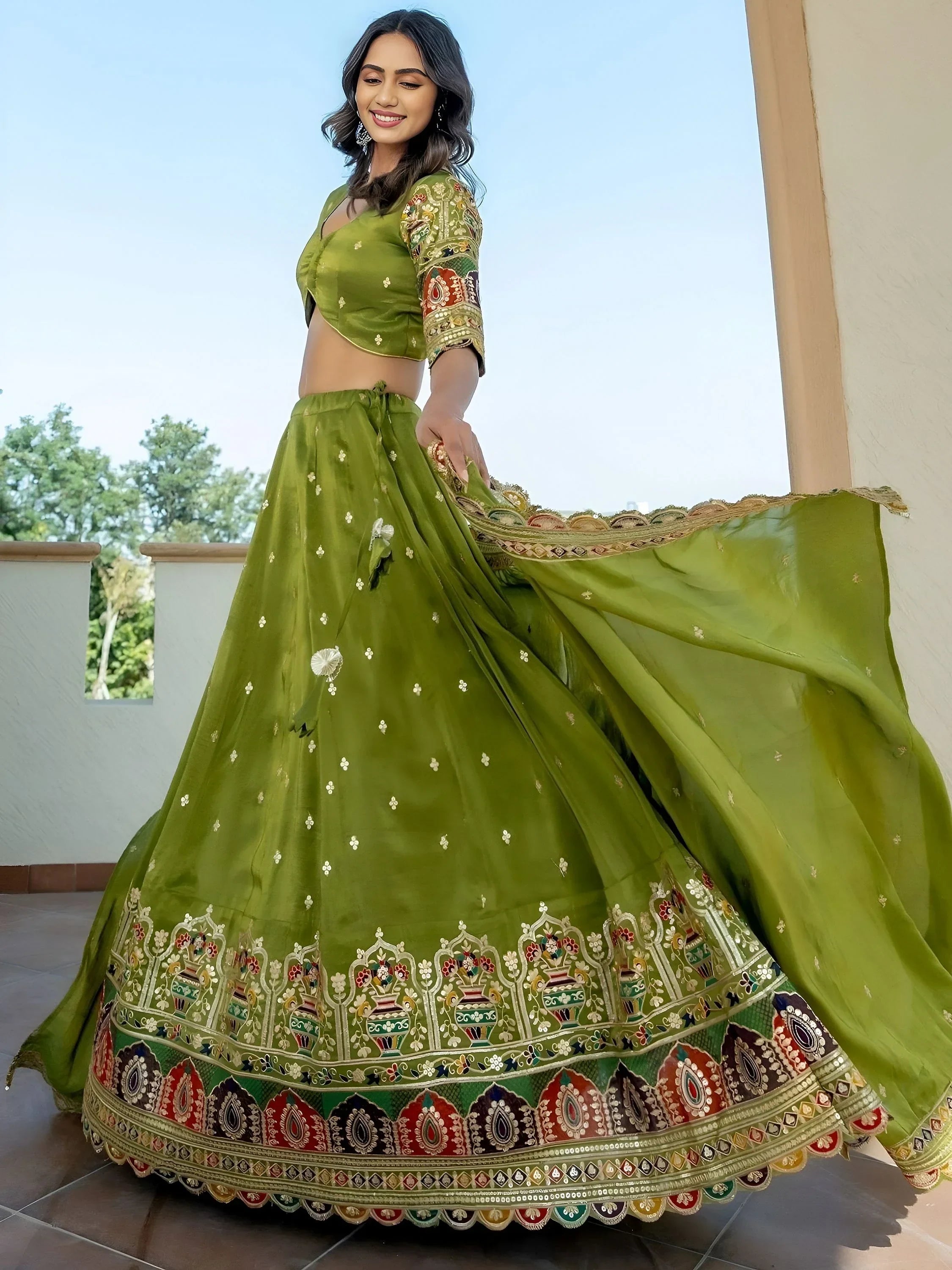 Green Stunning Silk Sequins Party Wear Lehenga Choli With Dupatta
