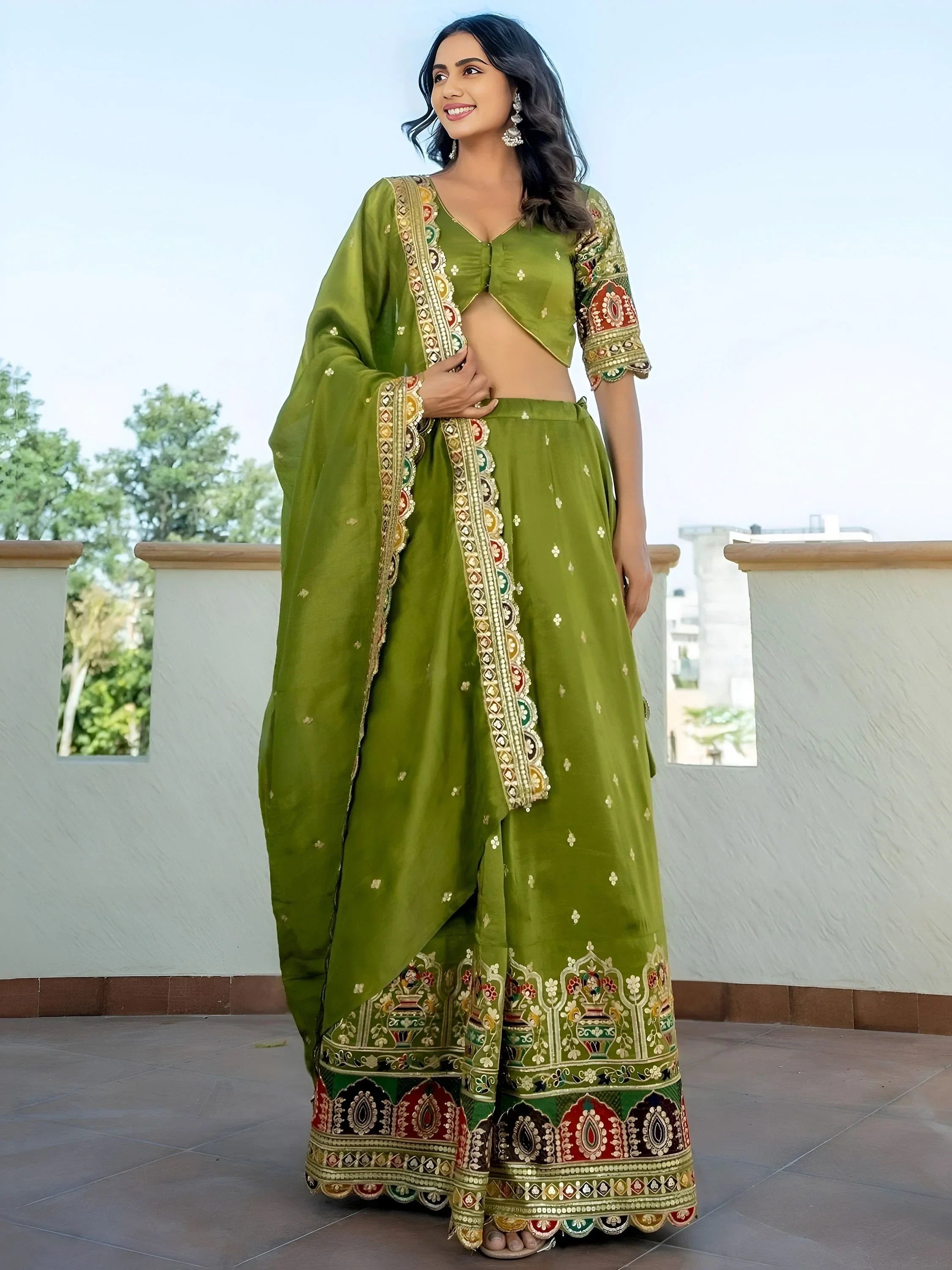 Green Stunning Silk Sequins Party Wear Lehenga Choli With Dupatta