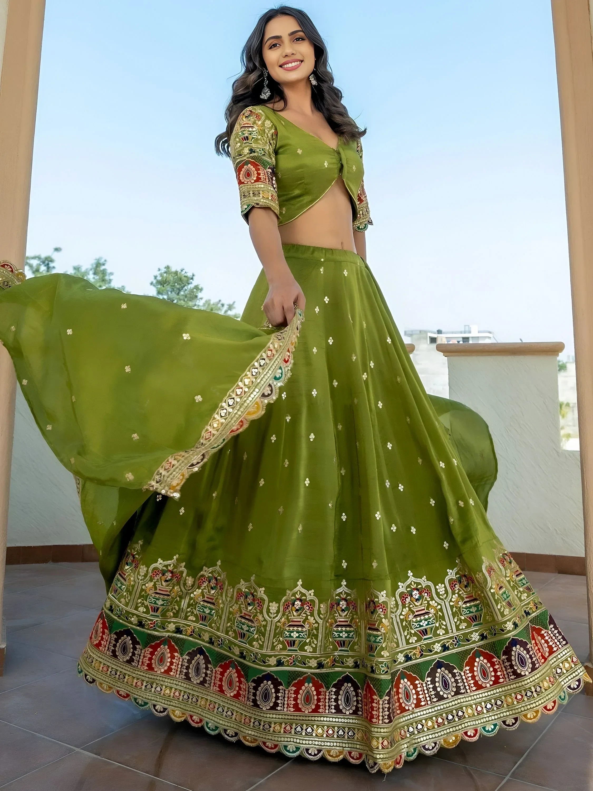 Green Stunning Silk Sequins Party Wear Lehenga Choli With Dupatta