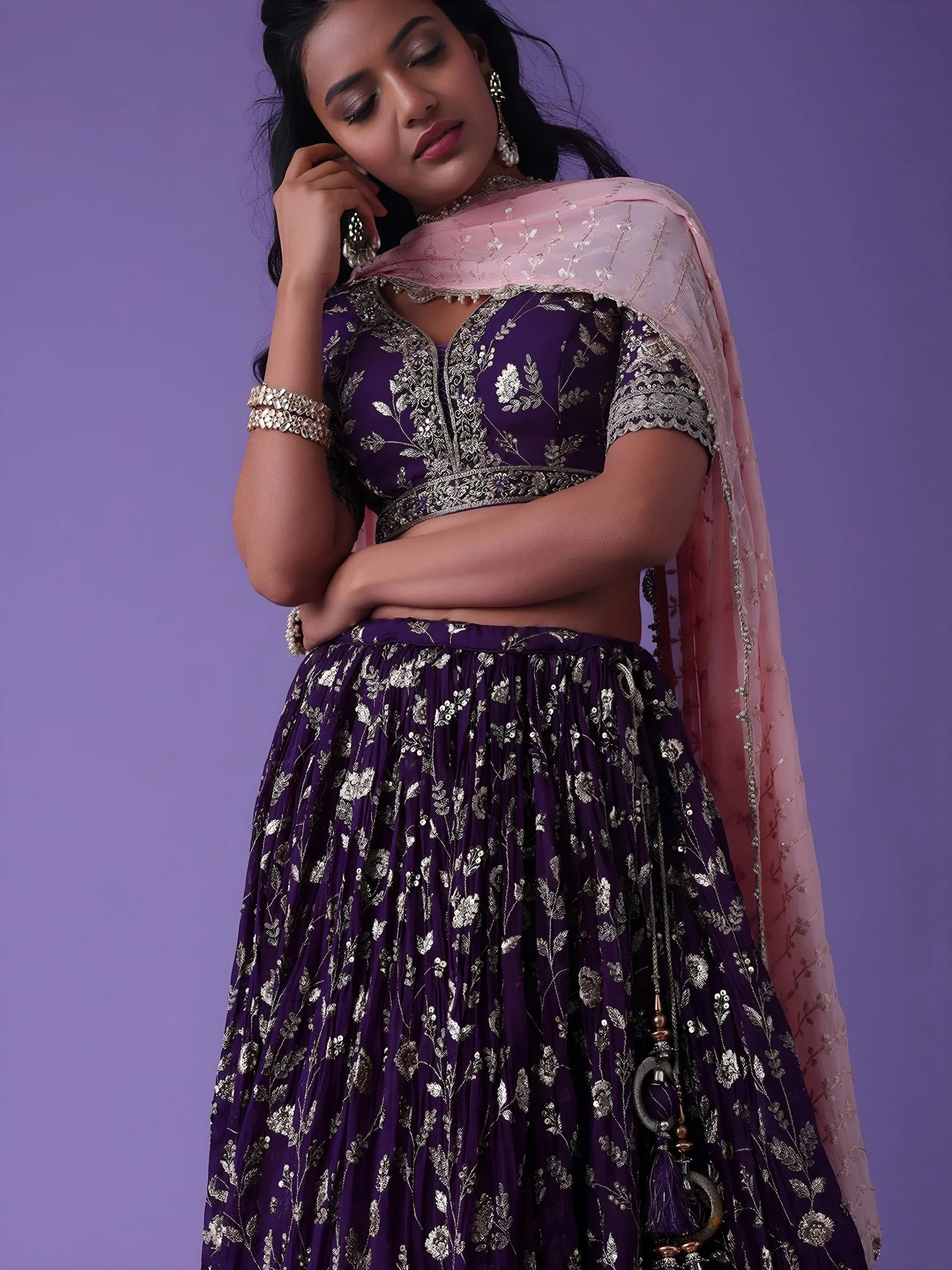 Purple Pretty Dori Work Georgette Wedding Lehenga Choli With Dupatta