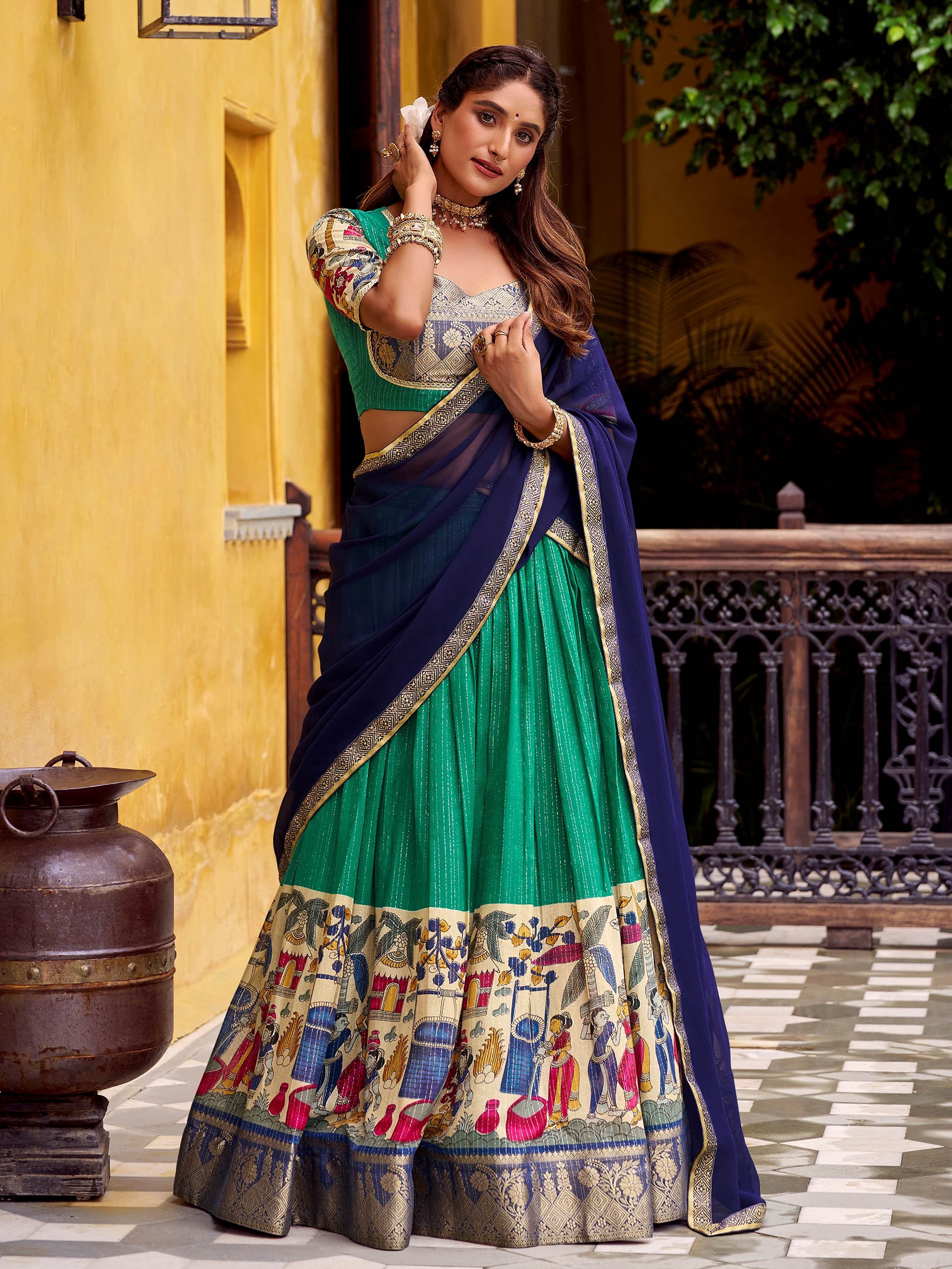 Green Desirable Chanderi Silk Kalamkari Printed Half Saree Lehenga