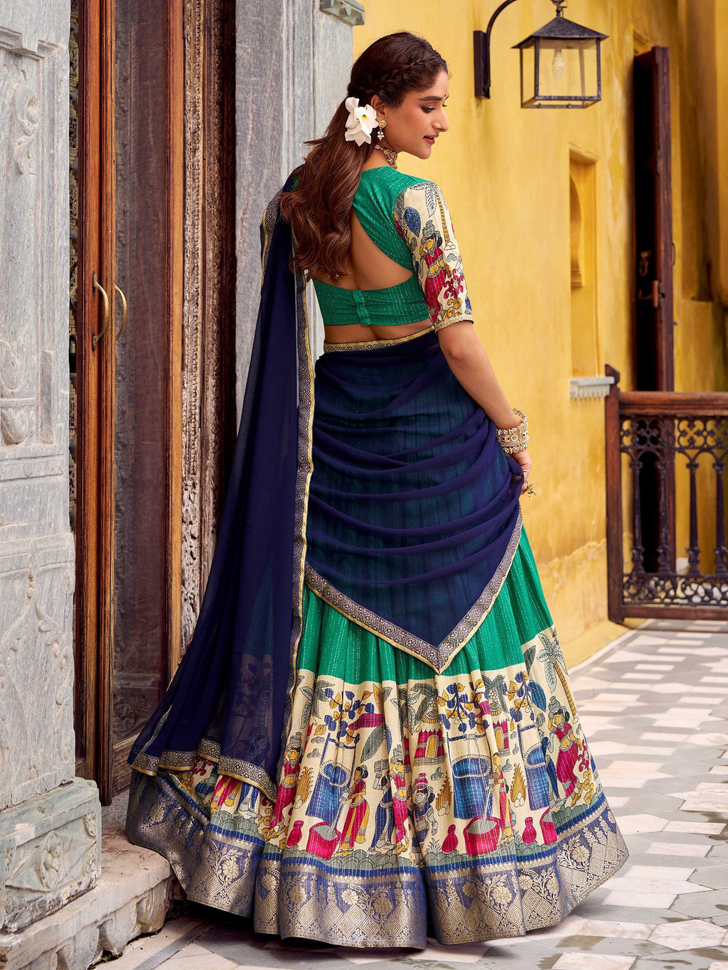 Green Desirable Chanderi Silk Kalamkari Printed Half Saree Lehenga