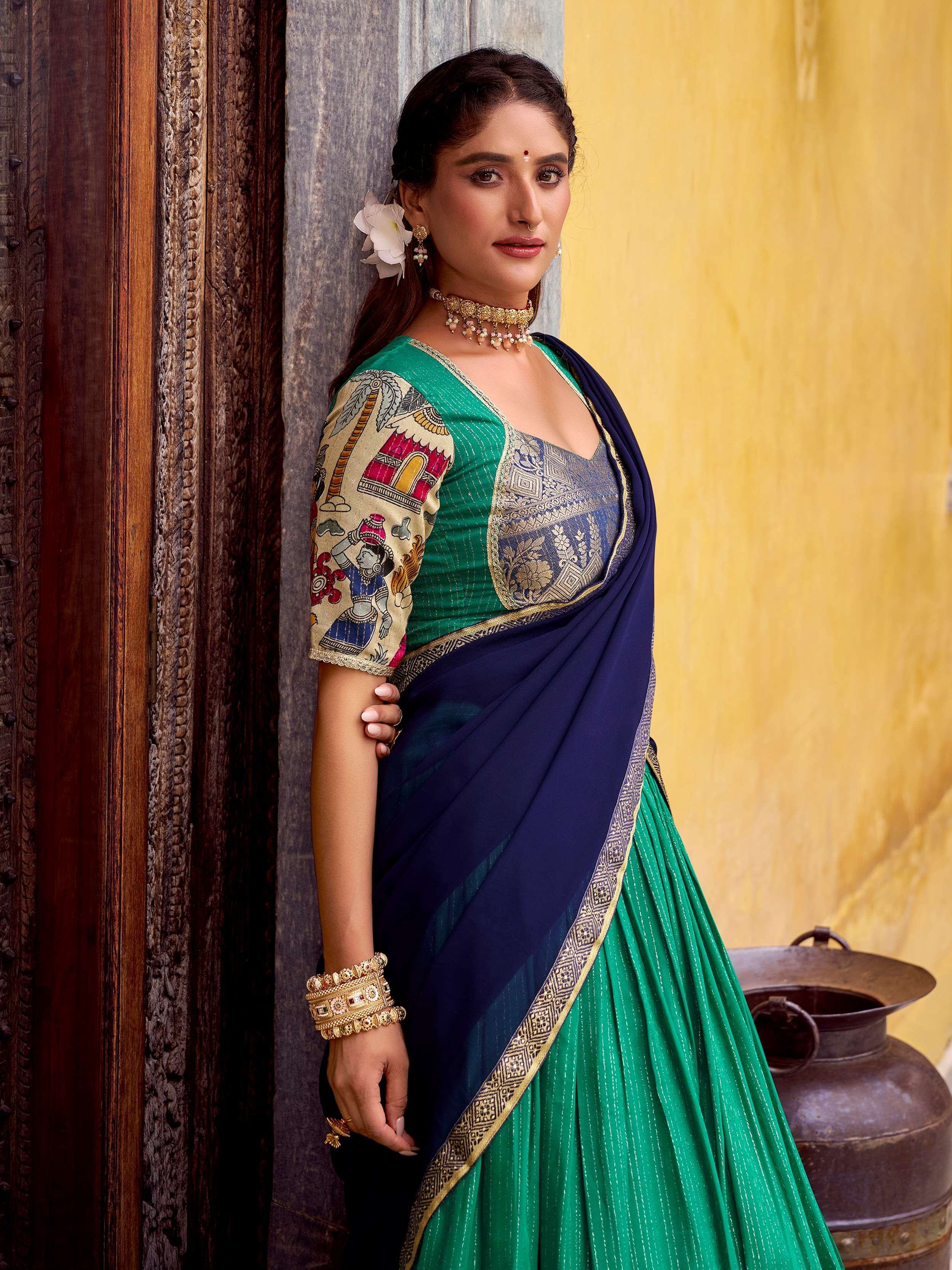 Green Desirable Chanderi Silk Kalamkari Printed Half Saree Lehenga