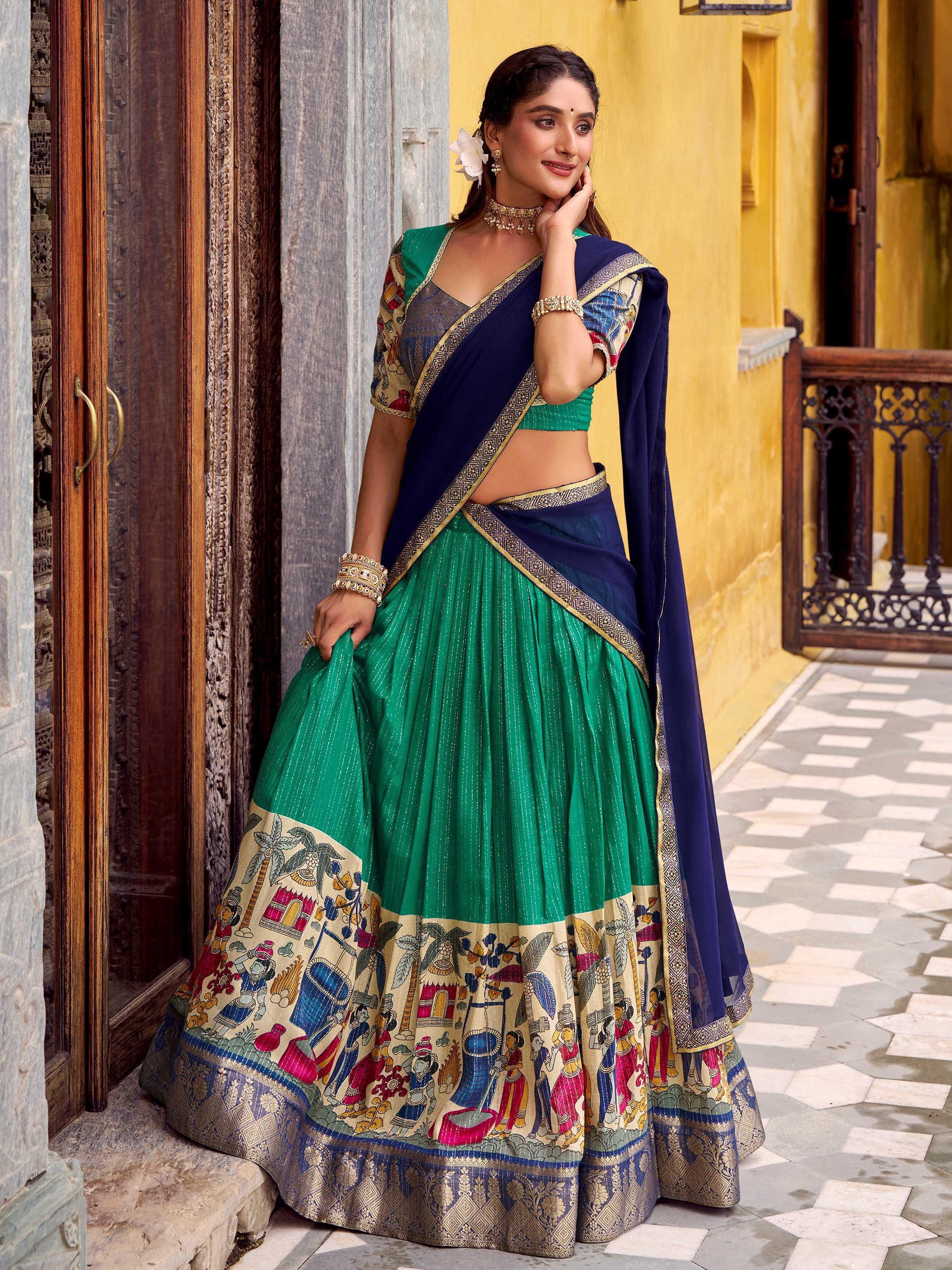 Green Desirable Chanderi Silk Kalamkari Printed Half Saree Lehenga
