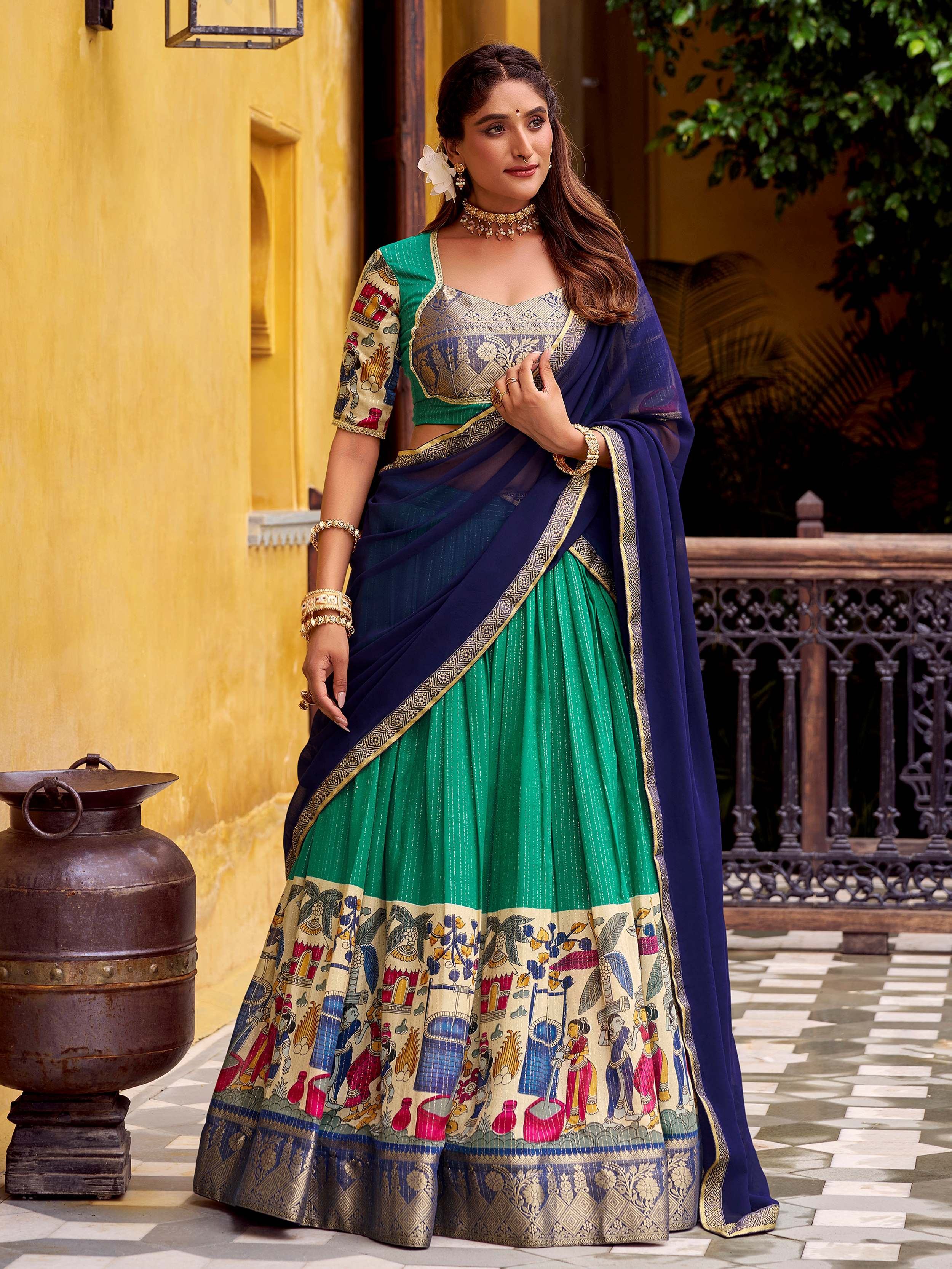 Green Desirable Chanderi Silk Kalamkari Printed Half Saree Lehenga