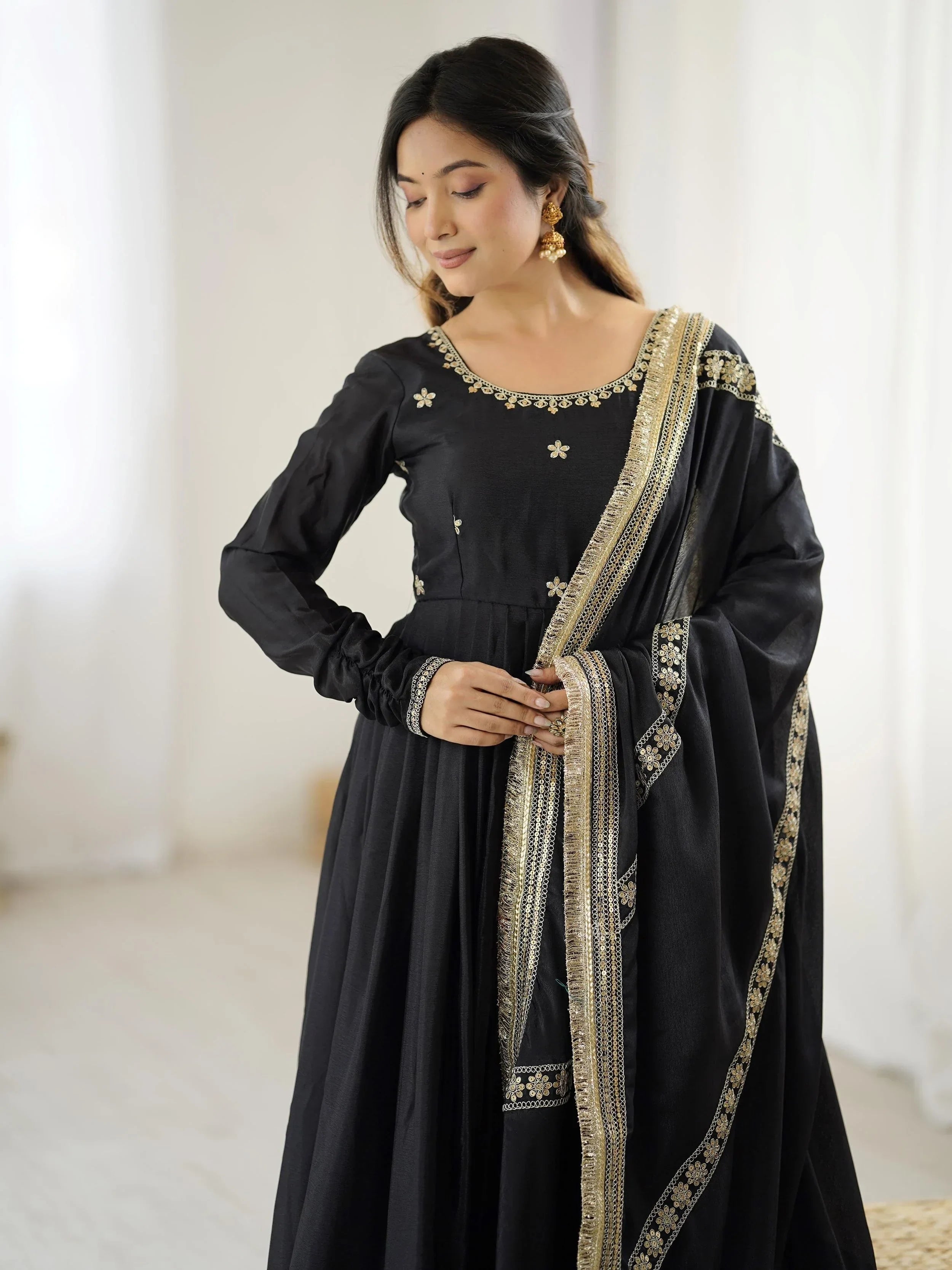 Black Outstanding Silk Sequins Embroidered Anarkali Suit