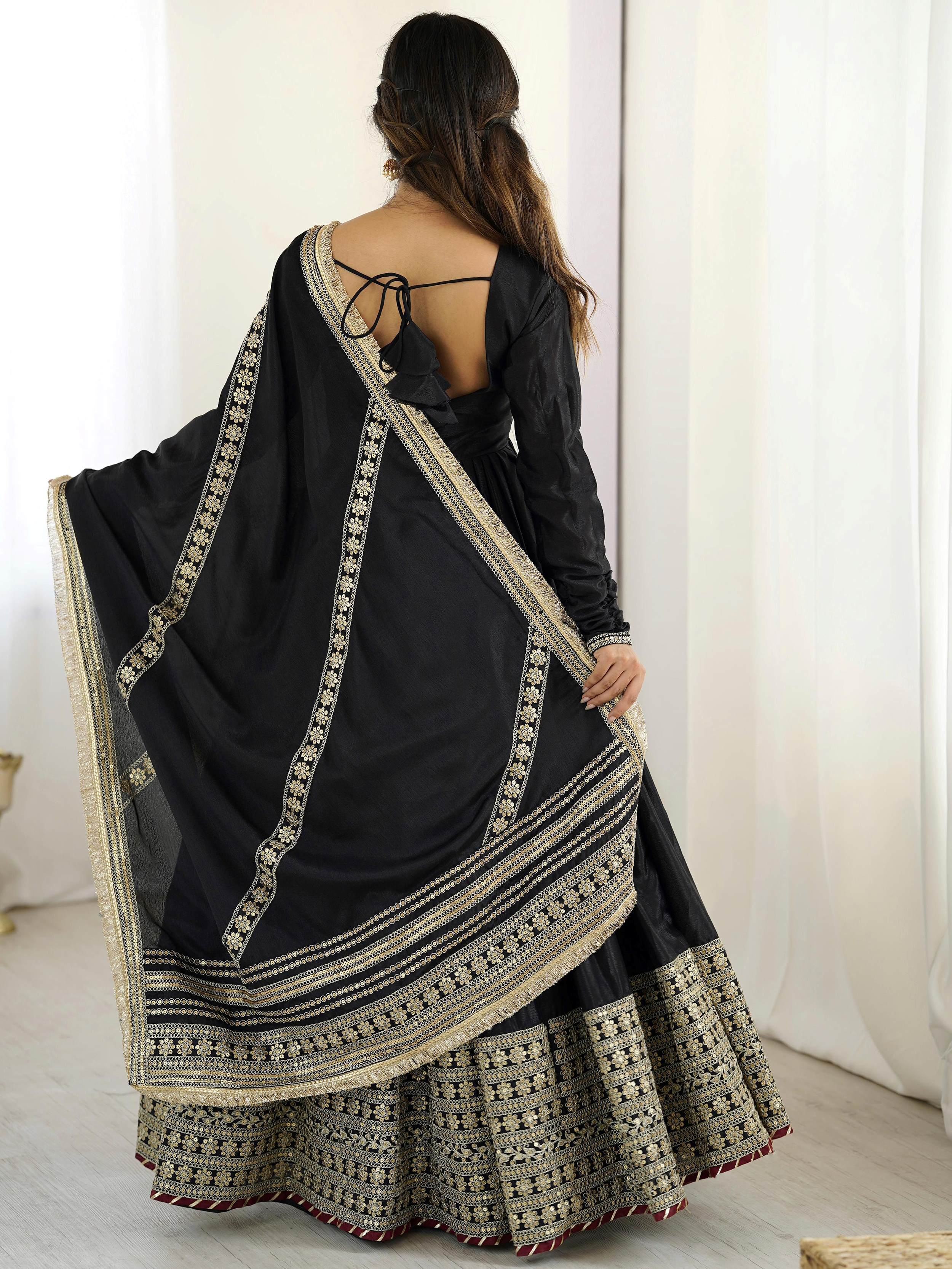 Black Outstanding Silk Sequins Embroidered Anarkali Suit