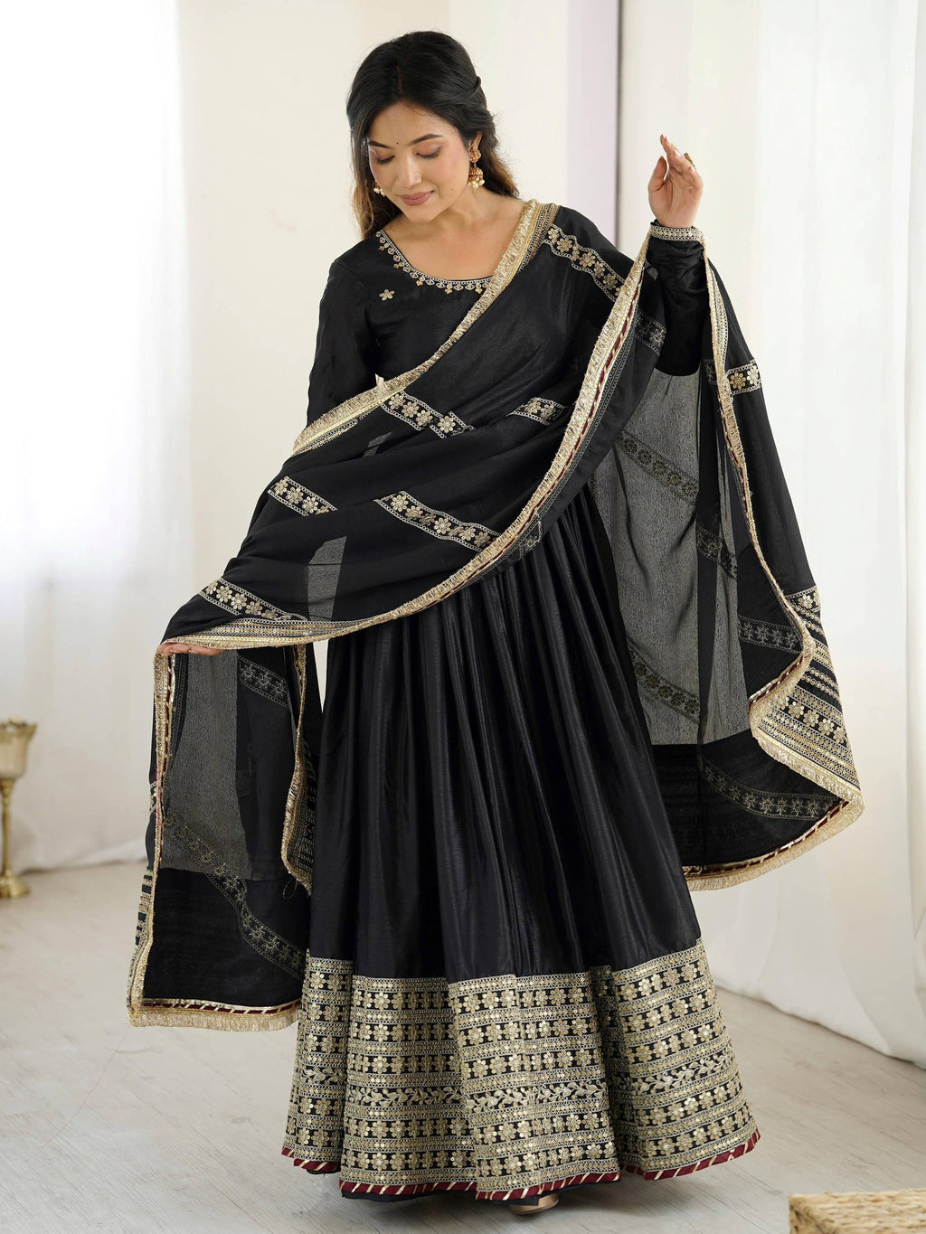 Black Outstanding Silk Sequins Embroidered Anarkali Suit