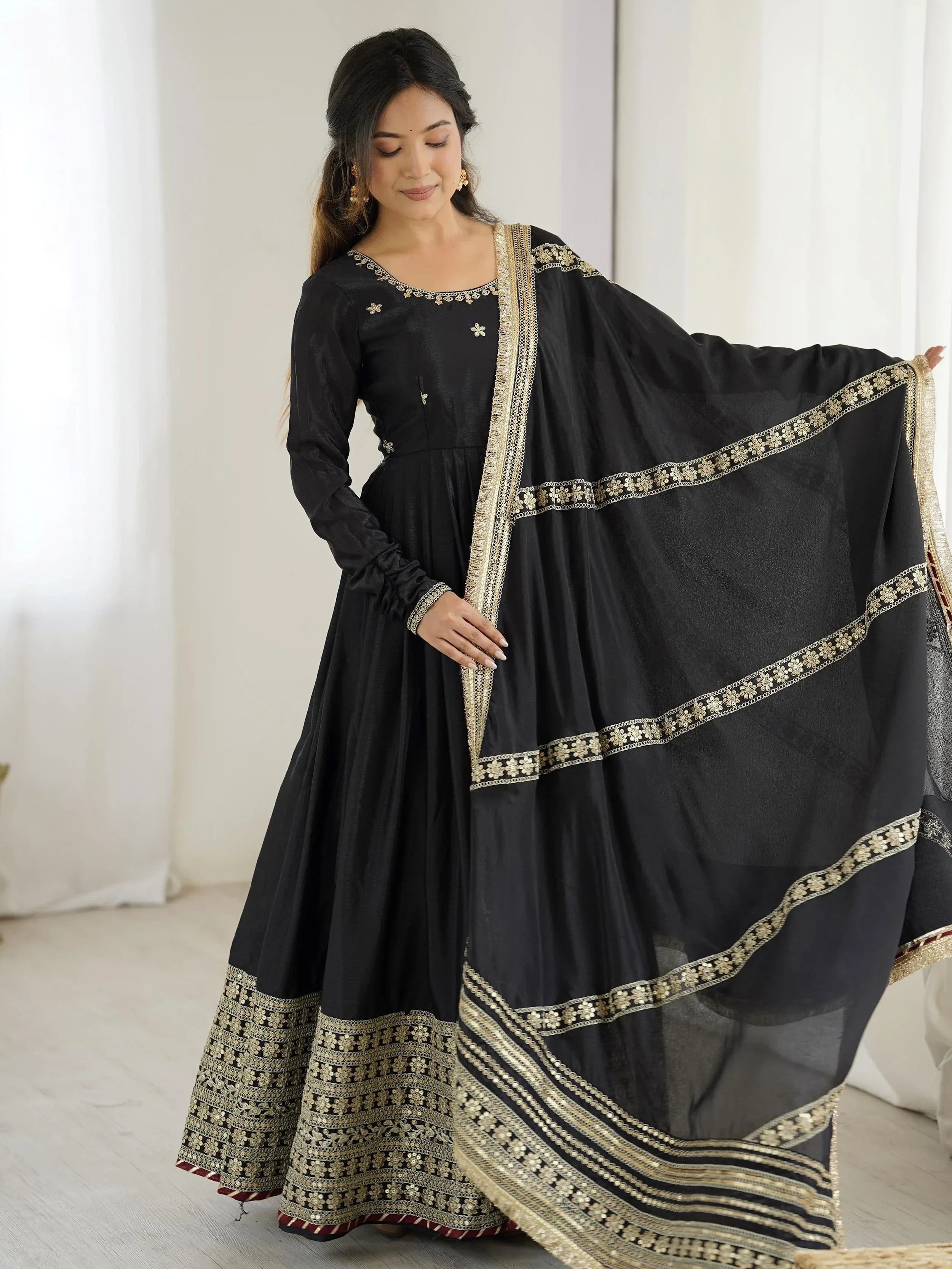 Black Outstanding Silk Sequins Embroidered Anarkali Suit