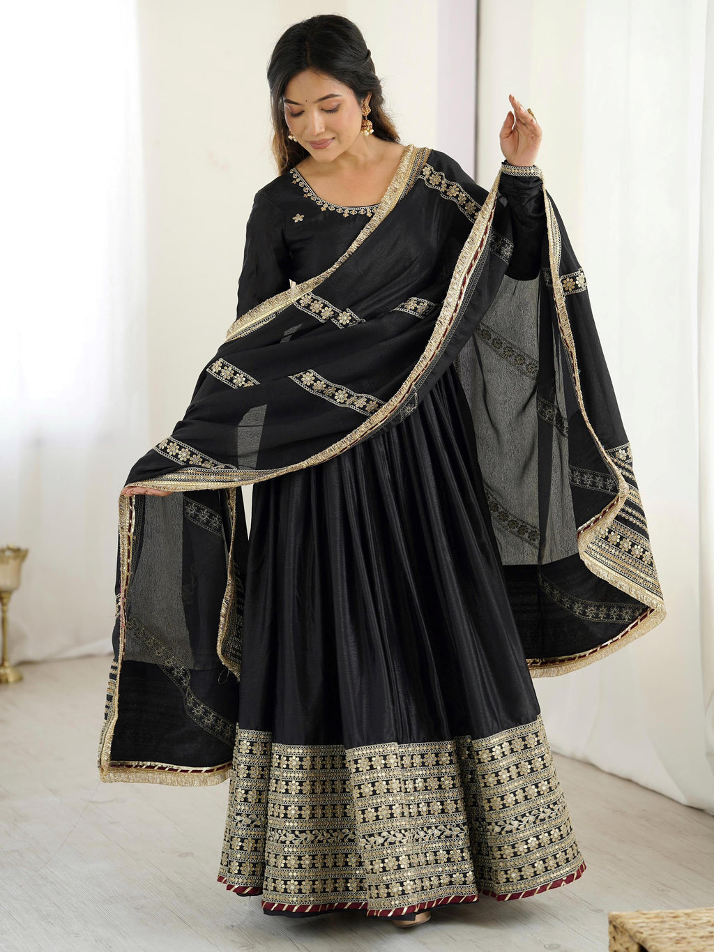 Black Outstanding Silk Sequins Embroidered Anarkali Suit
