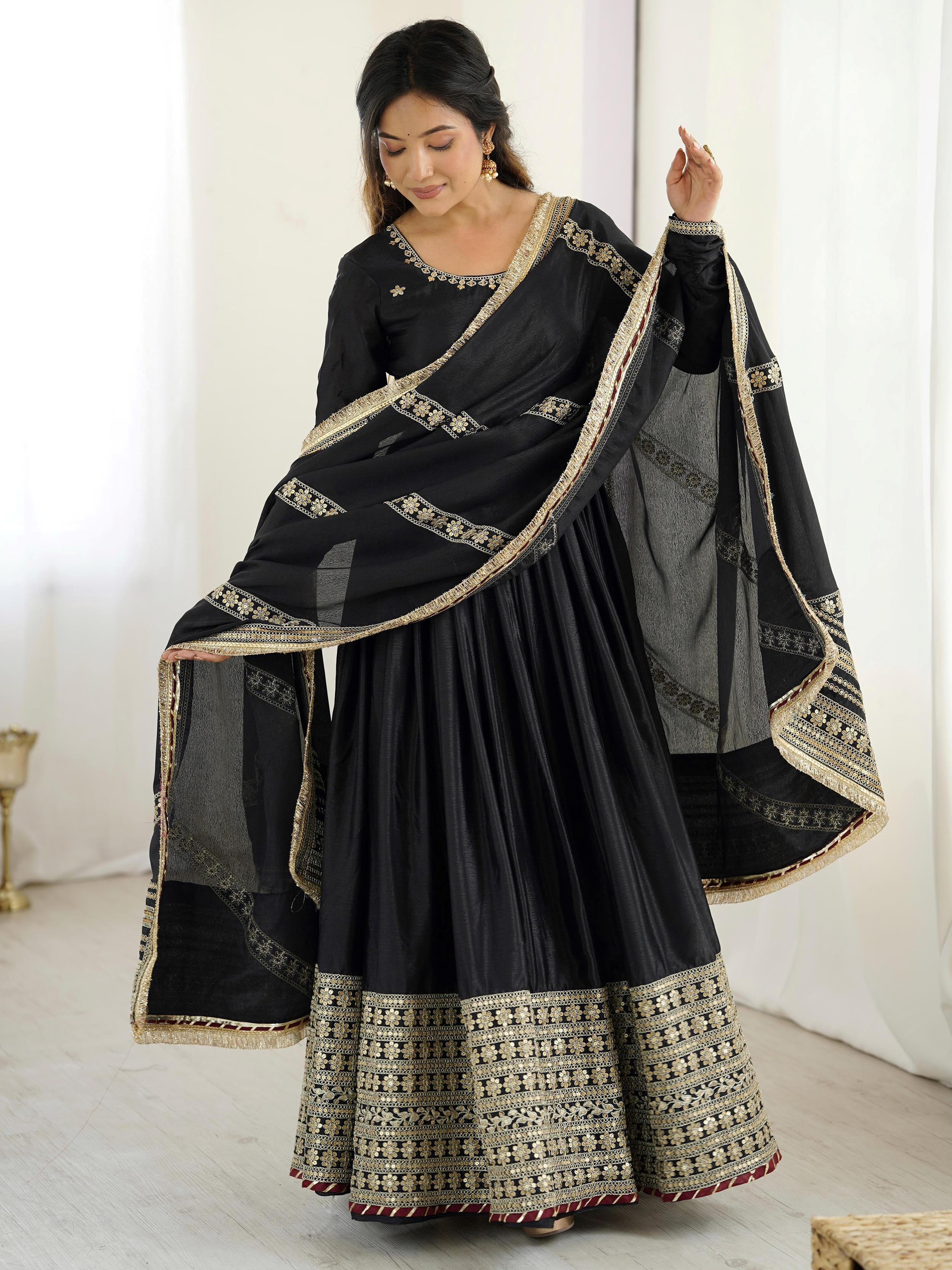 Black Outstanding Silk Sequins Embroidered Anarkali Suit