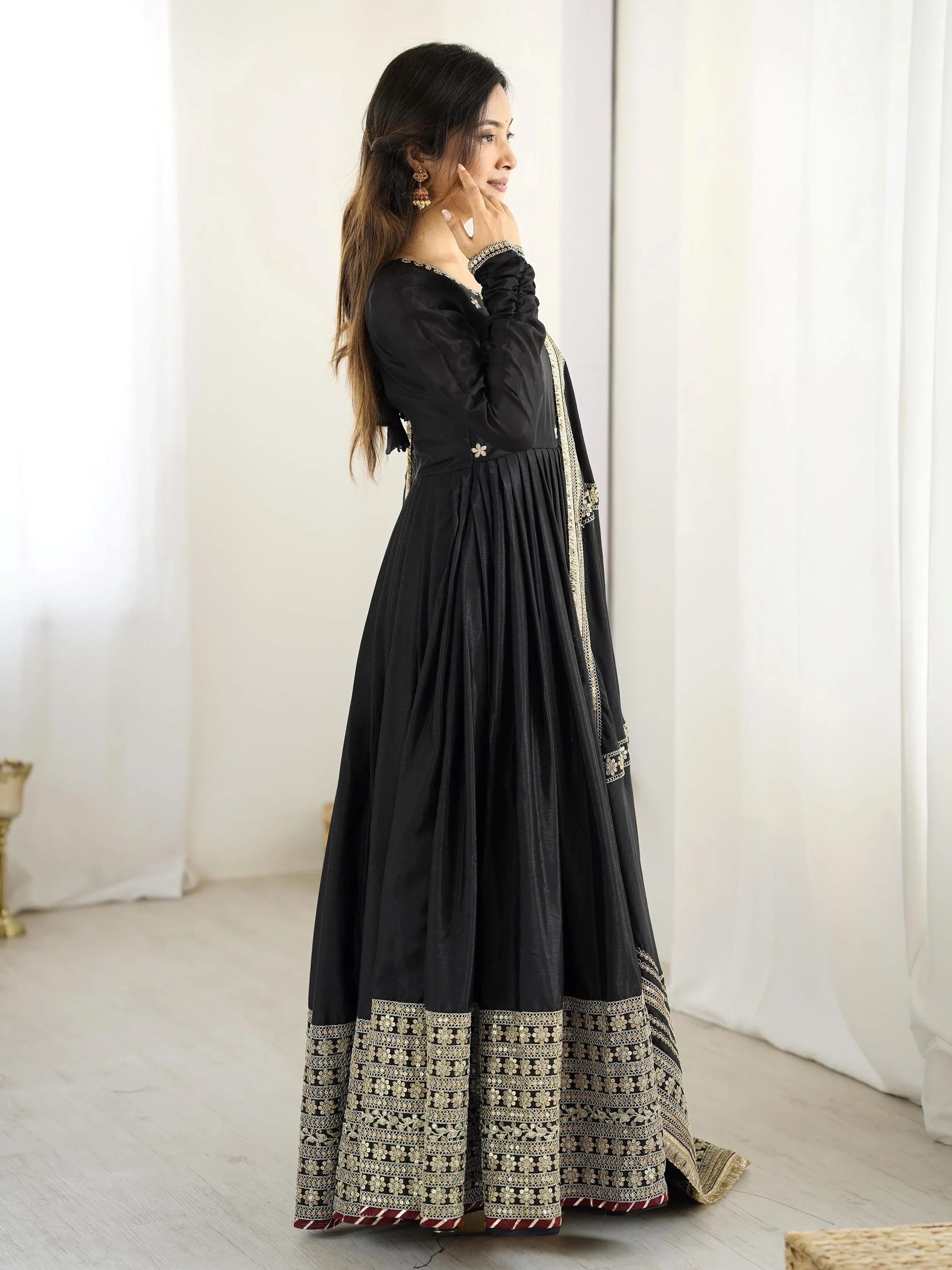 Black Outstanding Silk Sequins Embroidered Anarkali Suit