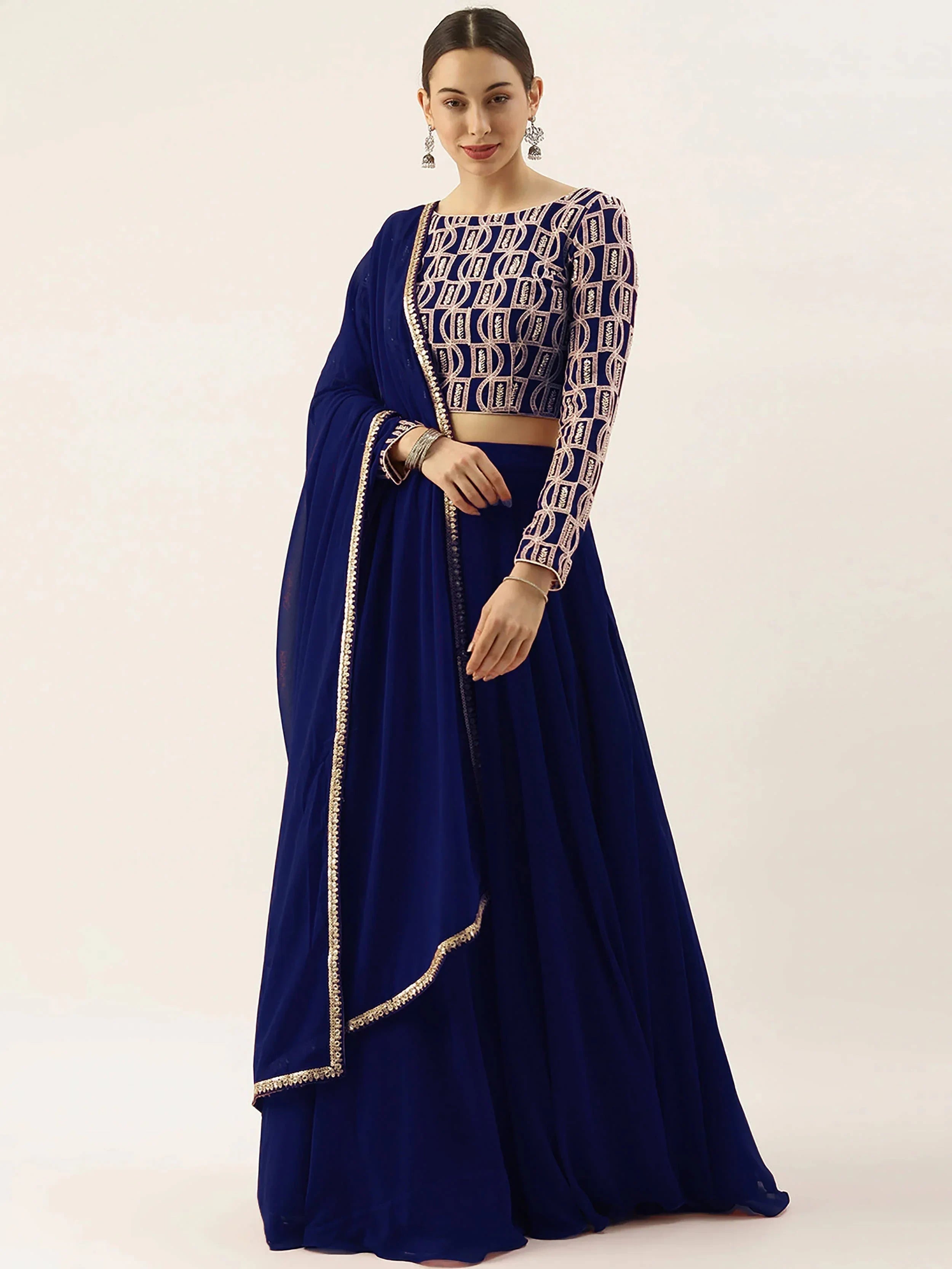 Blue Ravishing Sequins Georgette Party Wear Lehenga Choli With Dupatta