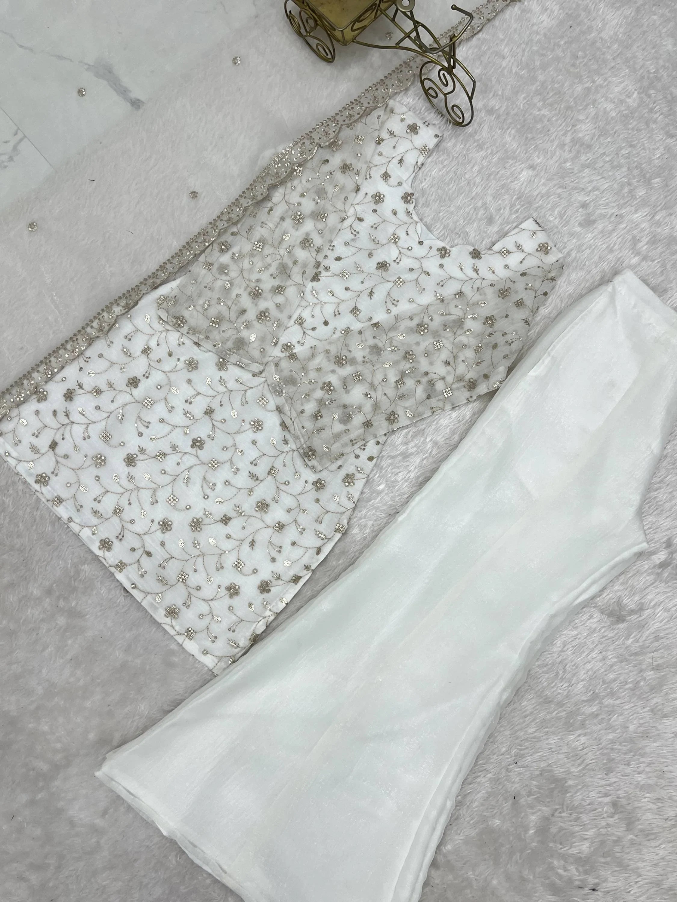 White Beautiful Sequins Silk Function Wear Pant Suit