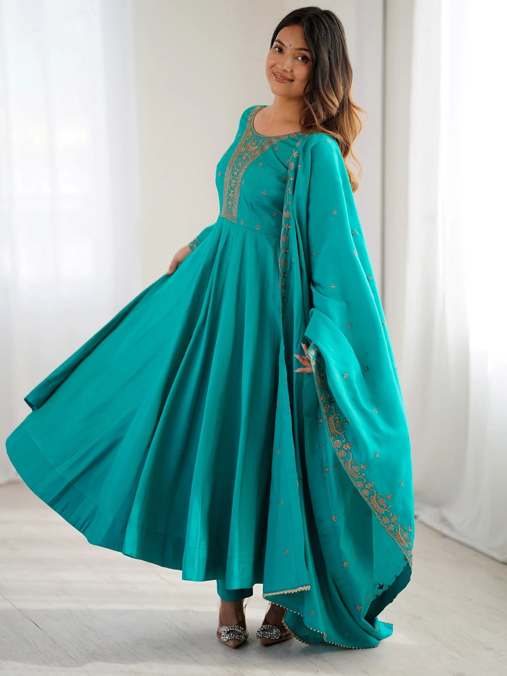 Sparkling Blue Beads Work Silk Festive Wear Salwar Kameez