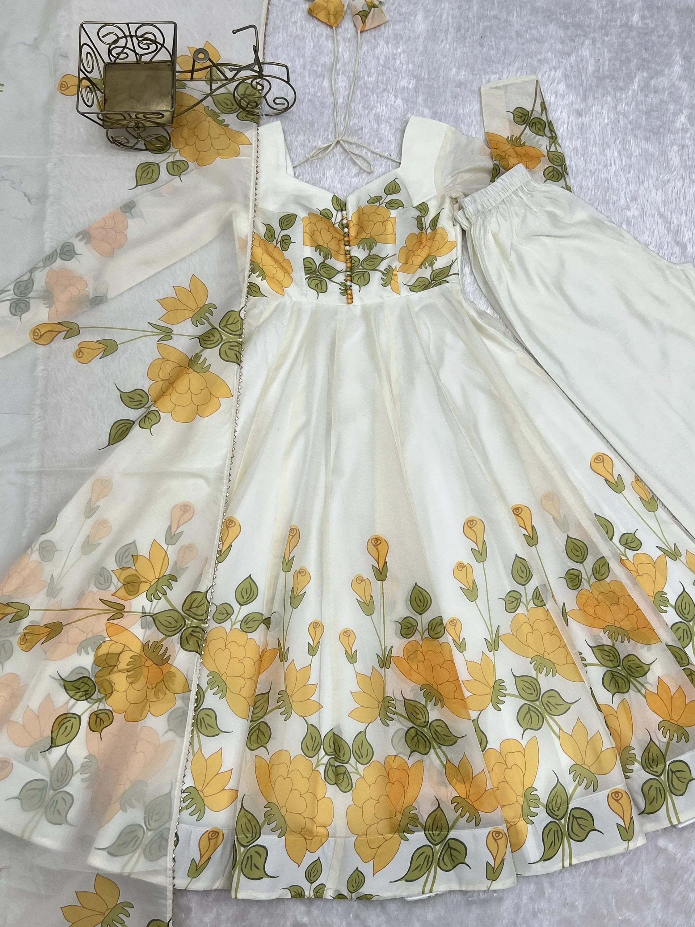 Stunning White Floral Printed Organza Festival Wear Anarkali Suit