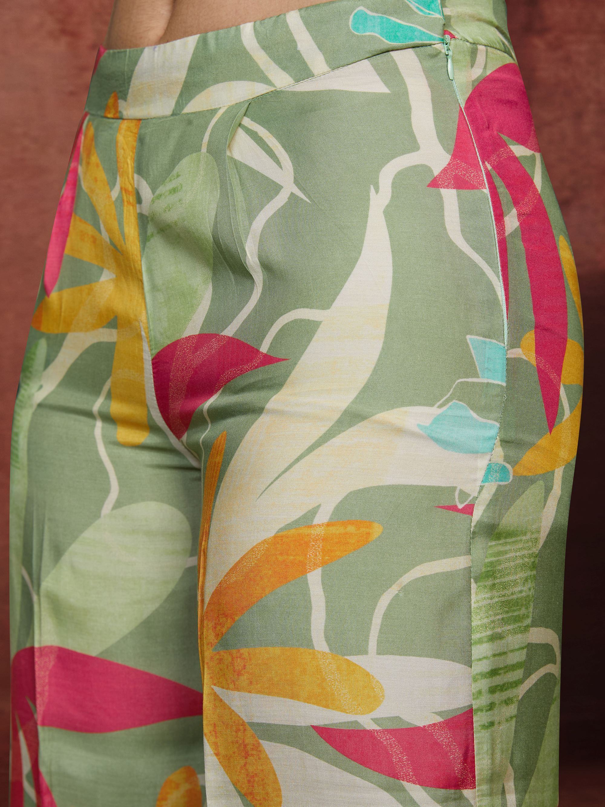 Gorgeous Green Digital Printed Muslin Silk Party Wear Co-Ord Set