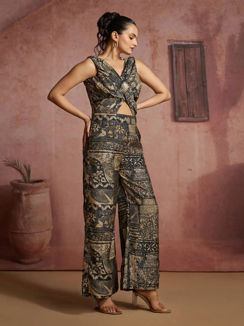 Attractive Black Digital Printed Muslin Silk Party Wear Jumpsuit