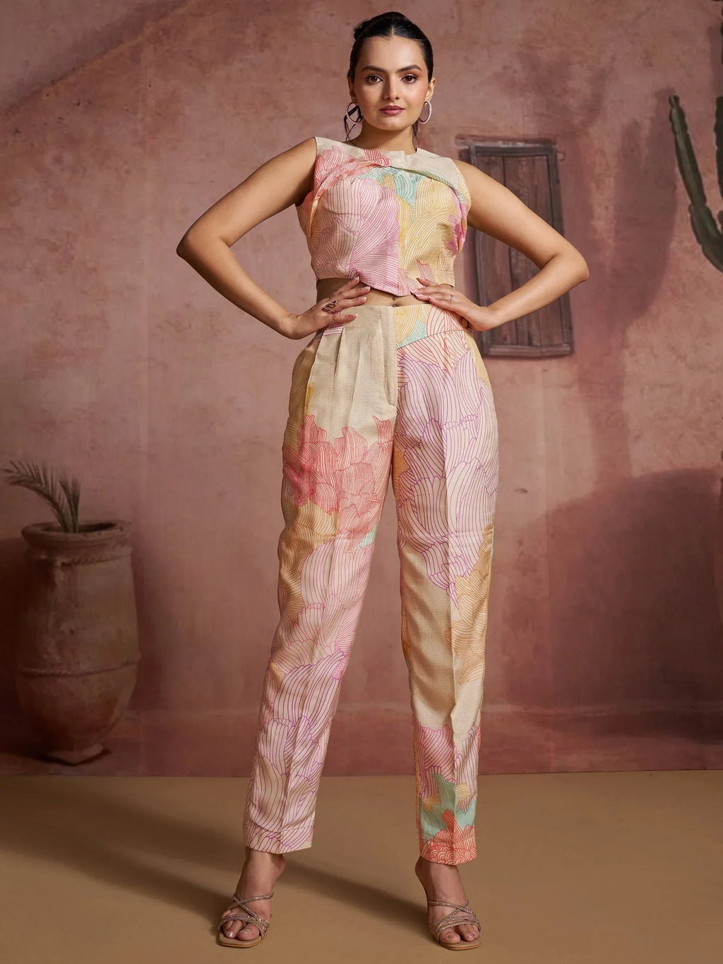 Fantastic Off-White Digital Printed Muslin Silk Party Wear Co-Ord Set