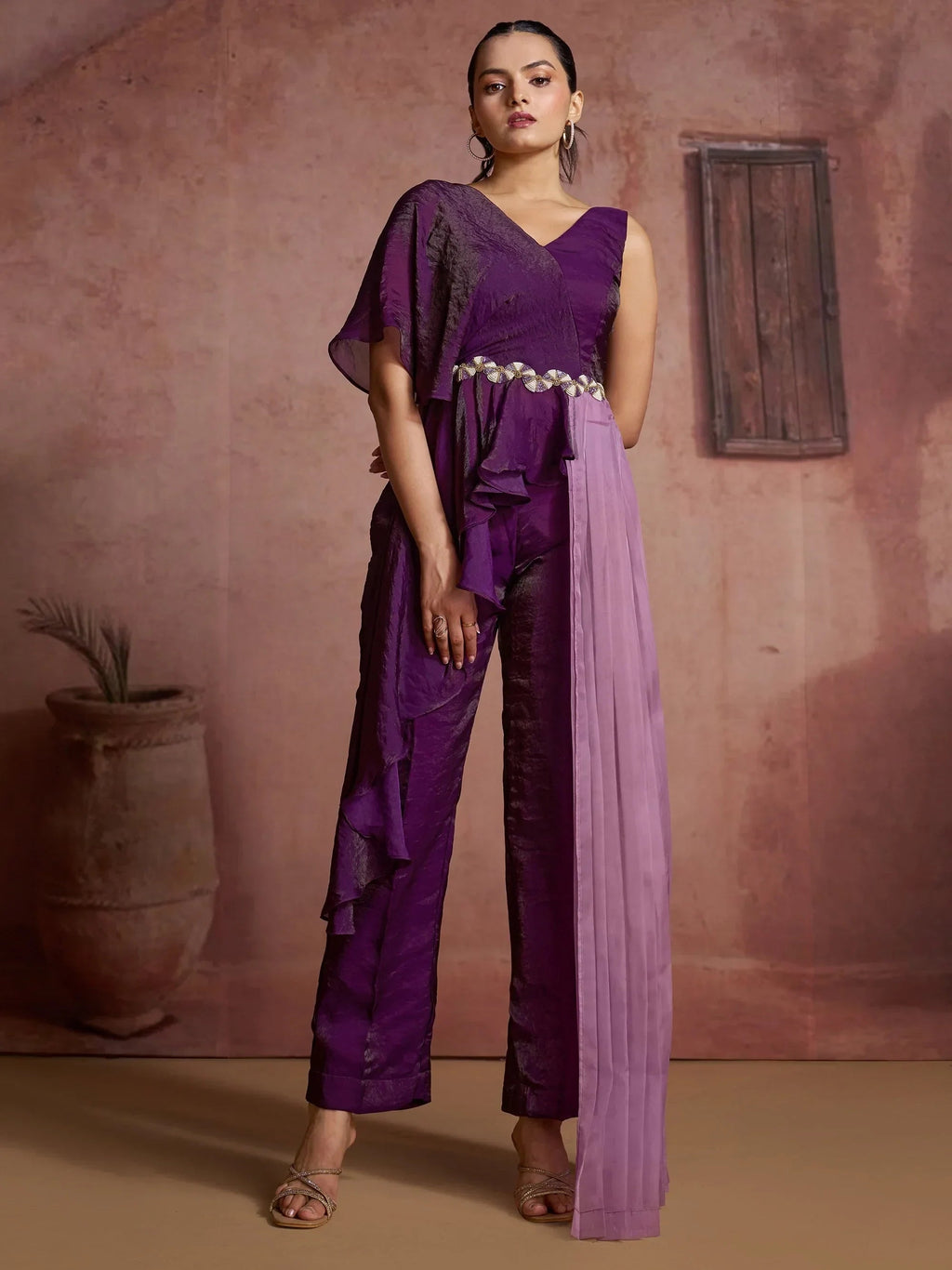 Fabulous Wine Digital Printed Muslin Silk Party Wear Co-Ord Set