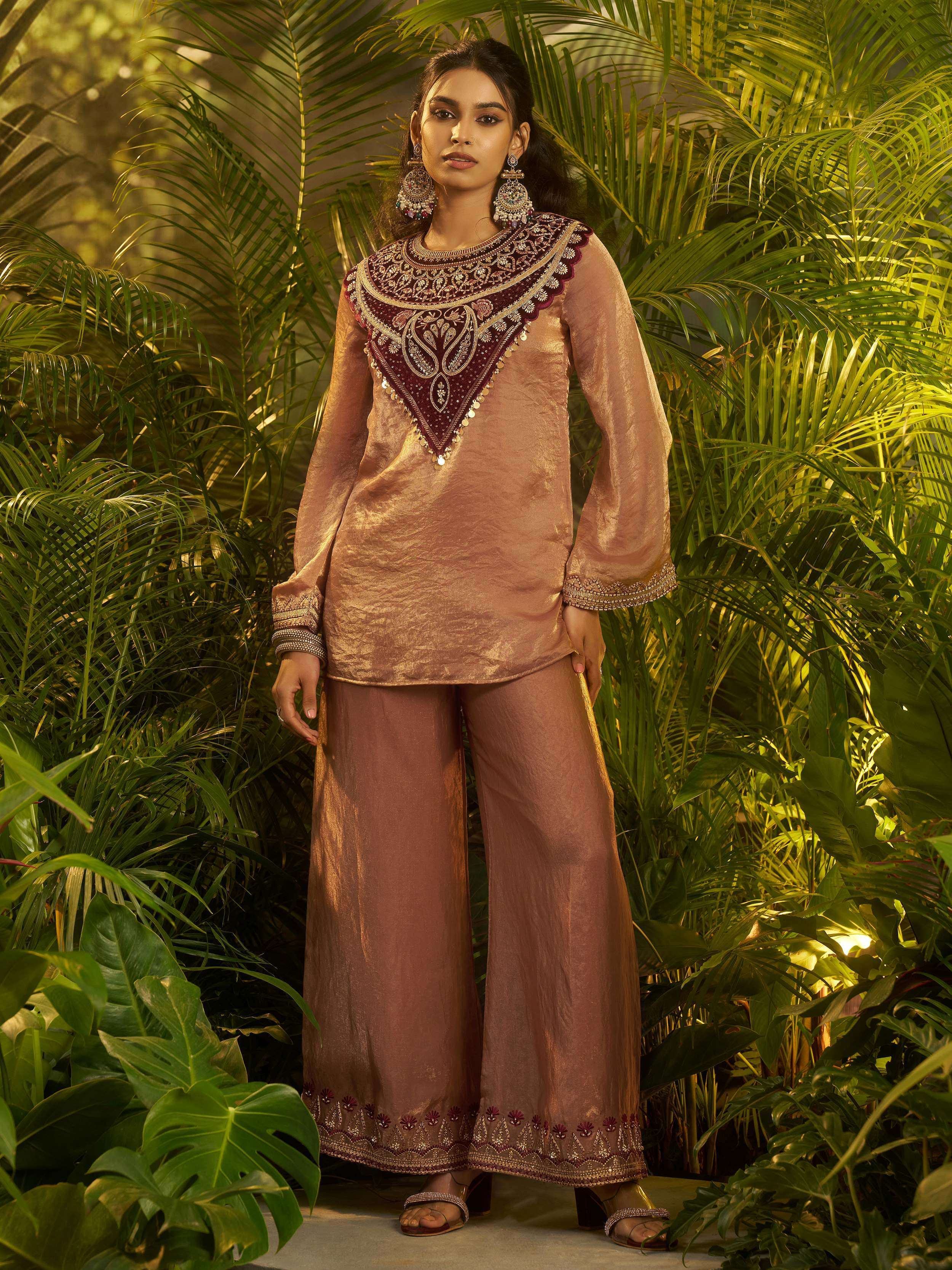 Stylish Brown Patch Work Organza Festive Wear Co-Ord Set