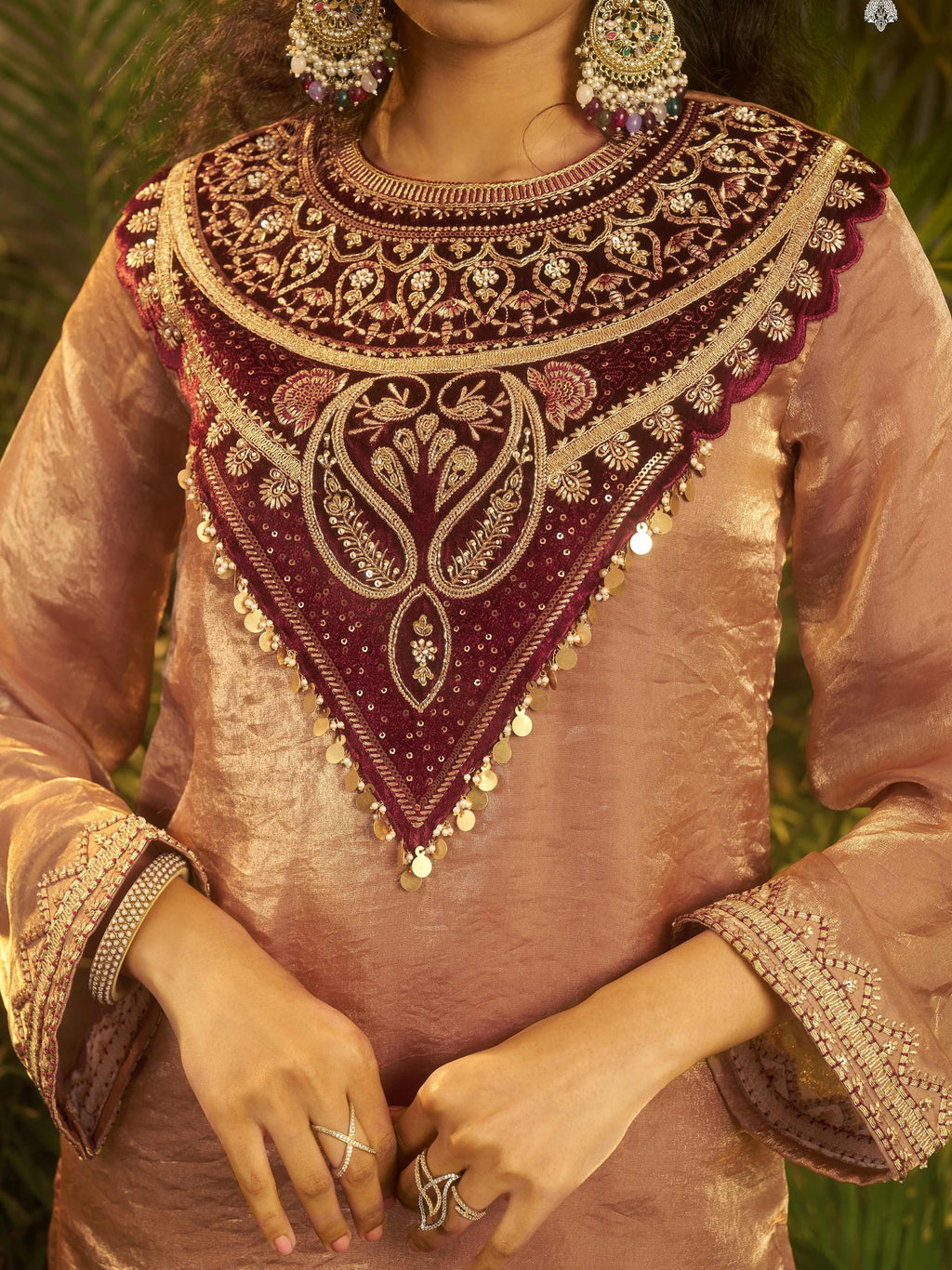Stylish Brown Patch Work Organza Festive Wear Co-Ord Set