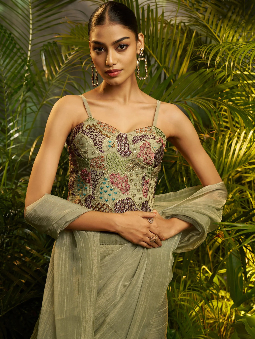 Lavish Green Thread Work Tissue Party Wear Pre-Draped Saree With Blouse