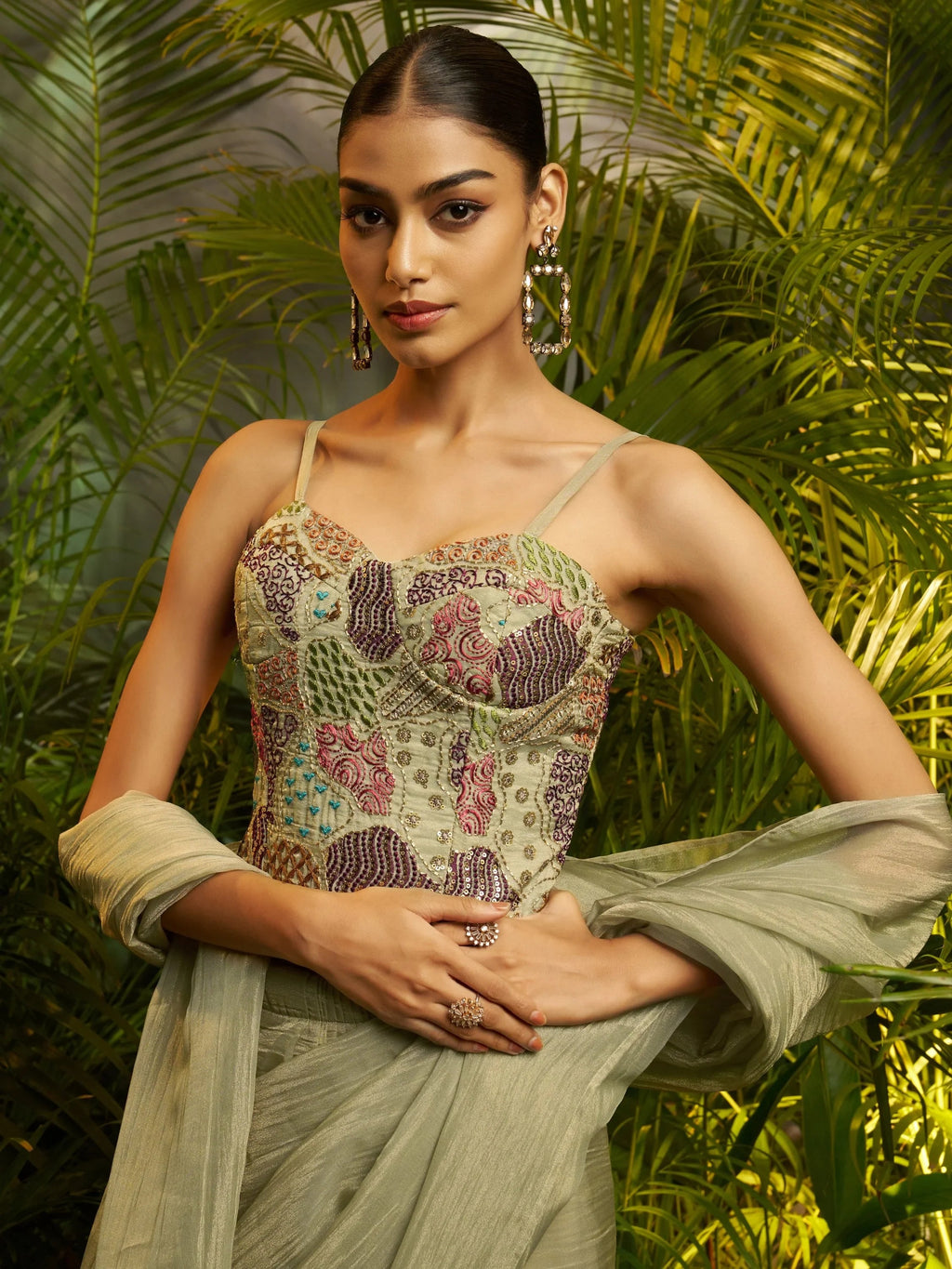Lavish Green Thread Work Tissue Party Wear Pre-Draped Saree With Blouse
