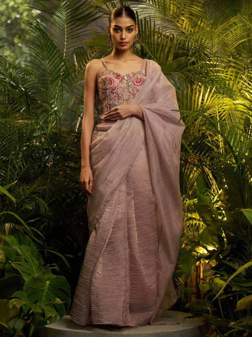 Beautiful Lavender Tissue Reception Wear Pre-Draped Saree With Blouse