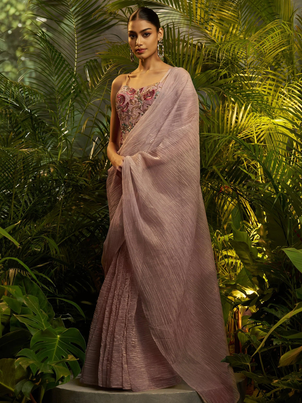 Beautiful Lavender Tissue Reception Wear Pre-Draped Saree With Blouse