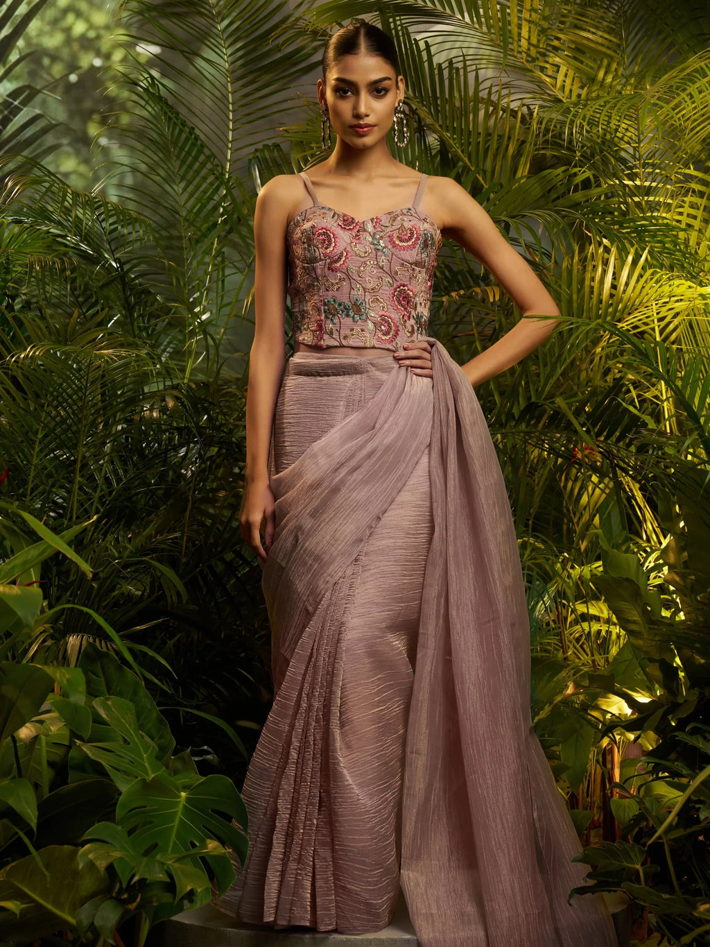 Beautiful Lavender Tissue Reception Wear Pre-Draped Saree With Blouse