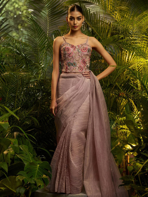 Beautiful Lavender Tissue Reception Wear Pre-Draped Saree With Blouse