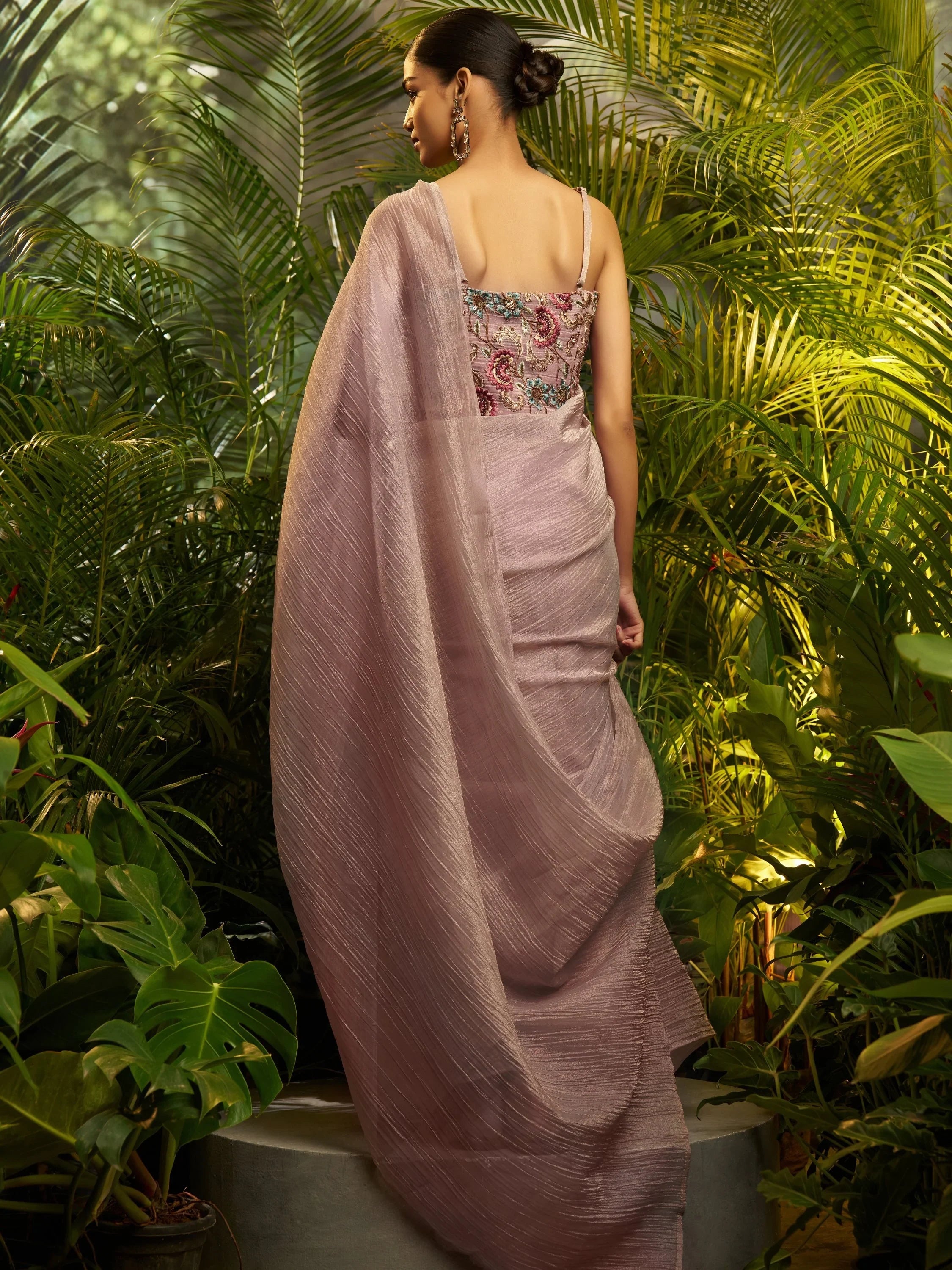 Beautiful Lavender Tissue Reception Wear Pre-Draped Saree With Blouse