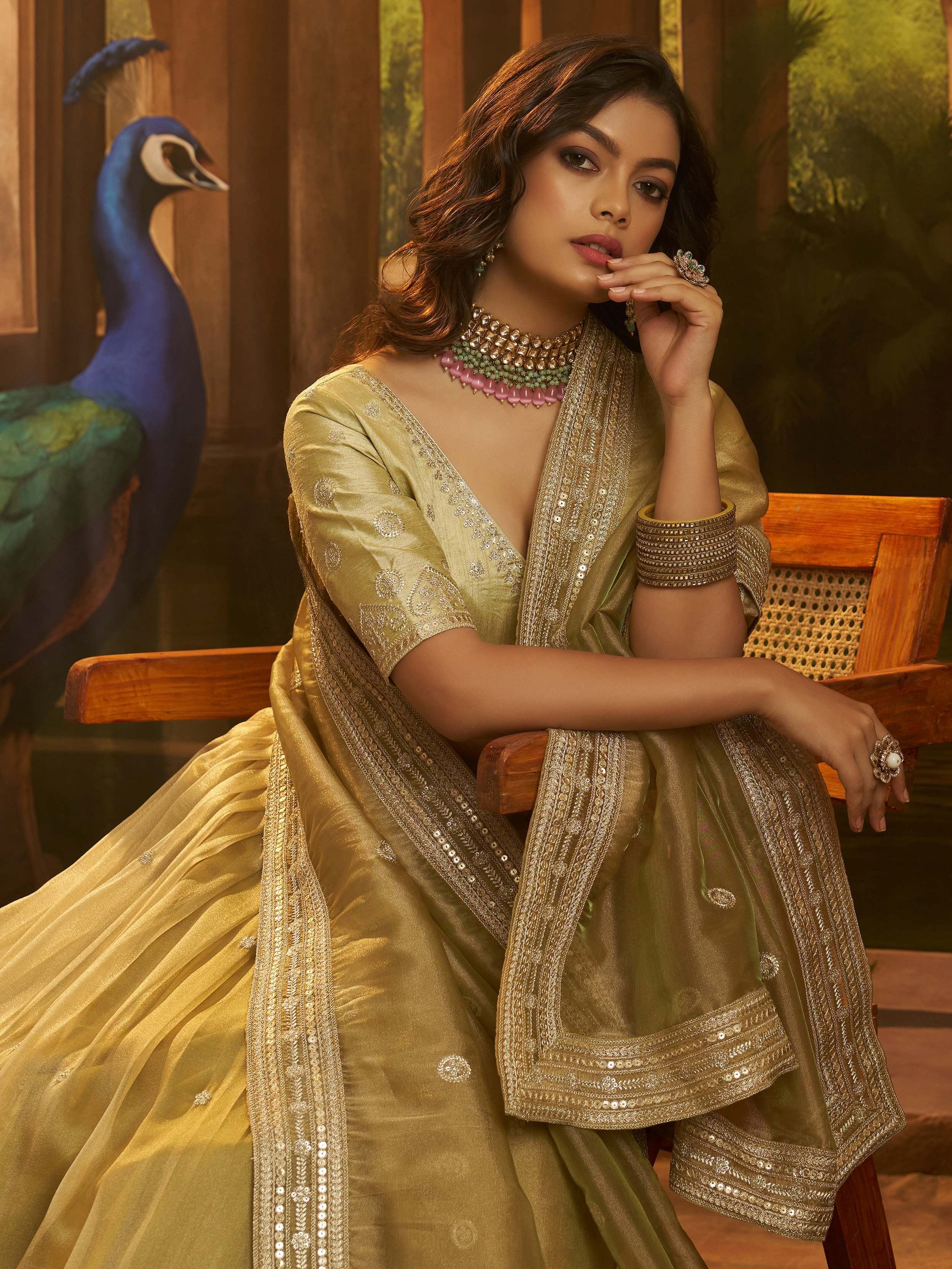 Stunning Golden Embroidered Organza Party Wear Lehenga Choli