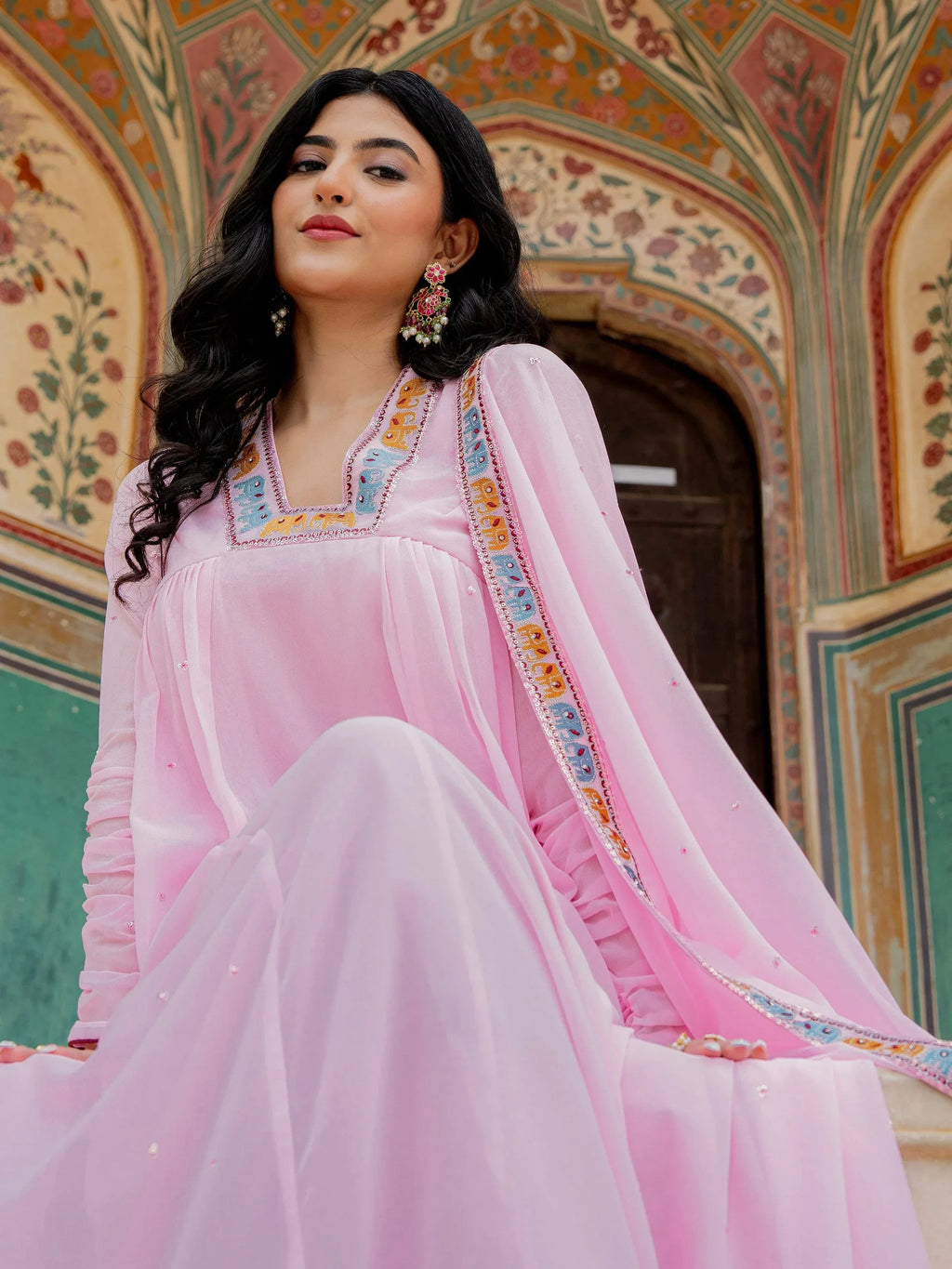 Lovely Pink Embroidered Georgette Festival Wear Gown With Dupatta