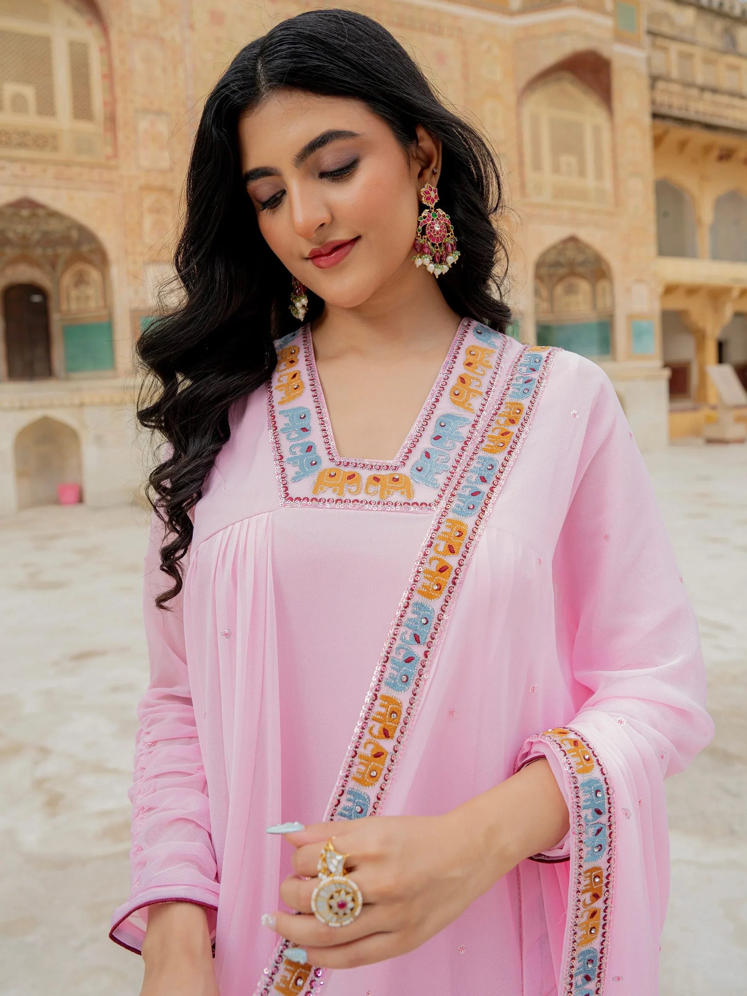 Lovely Pink Embroidered Georgette Festival Wear Gown With Dupatta