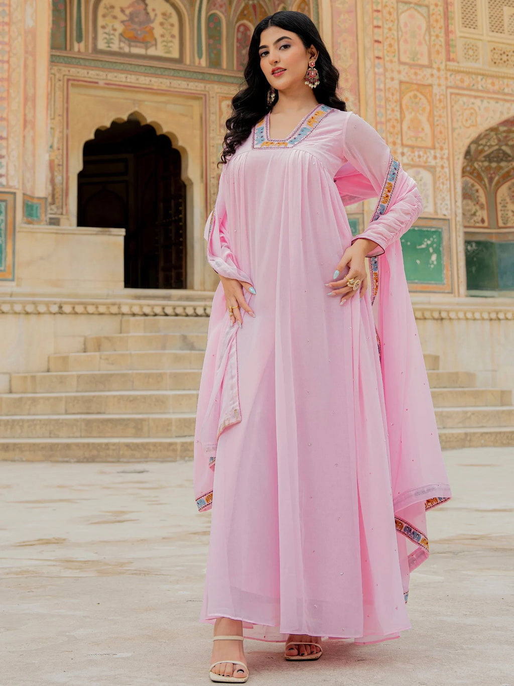 Lovely Pink Embroidered Georgette Festival Wear Gown With Dupatta