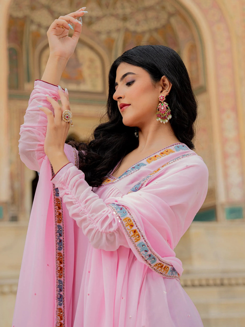Lovely Pink Embroidered Georgette Festival Wear Gown With Dupatta