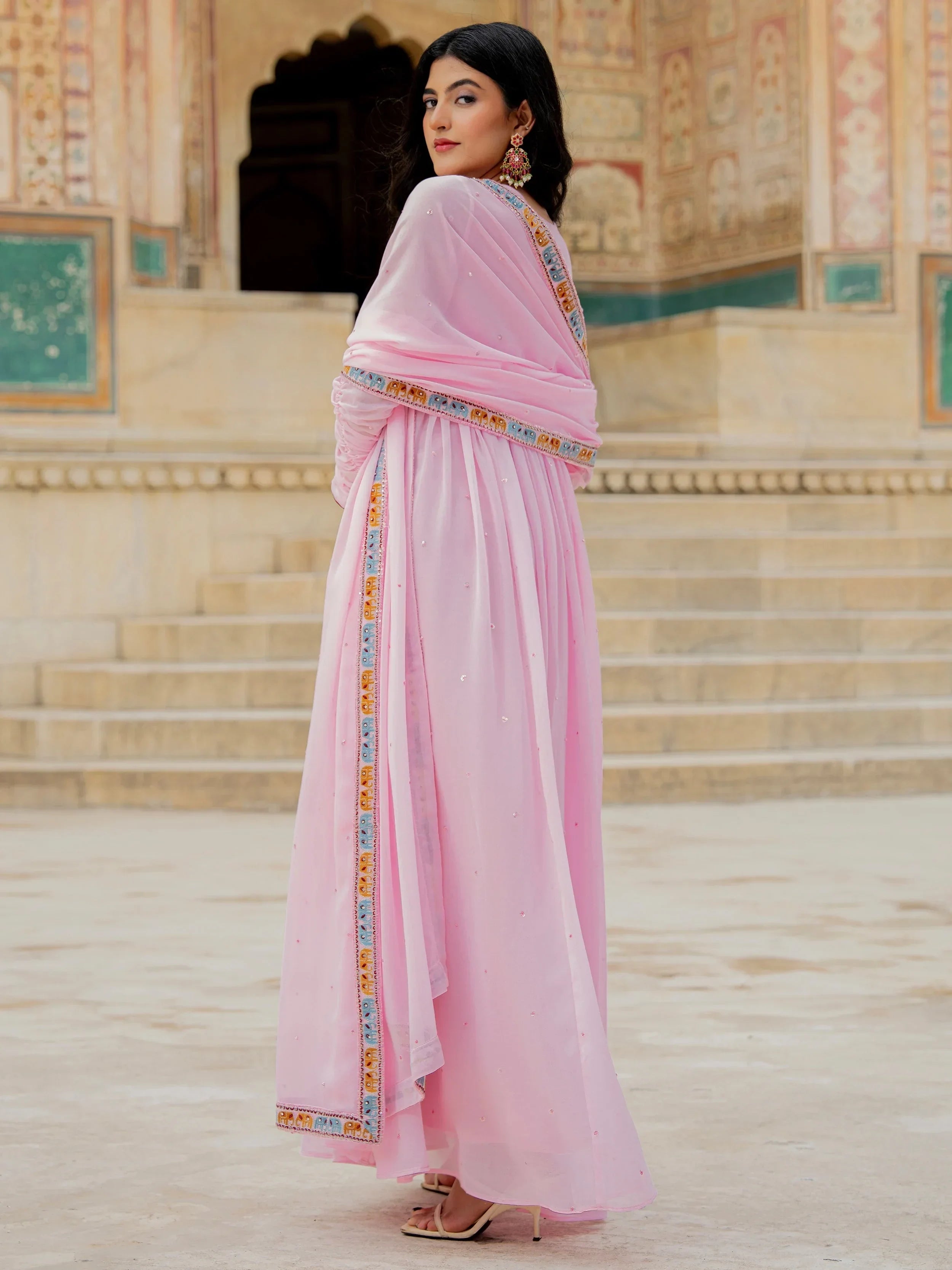 Lovely Pink Embroidered Georgette Festival Wear Gown With Dupatta