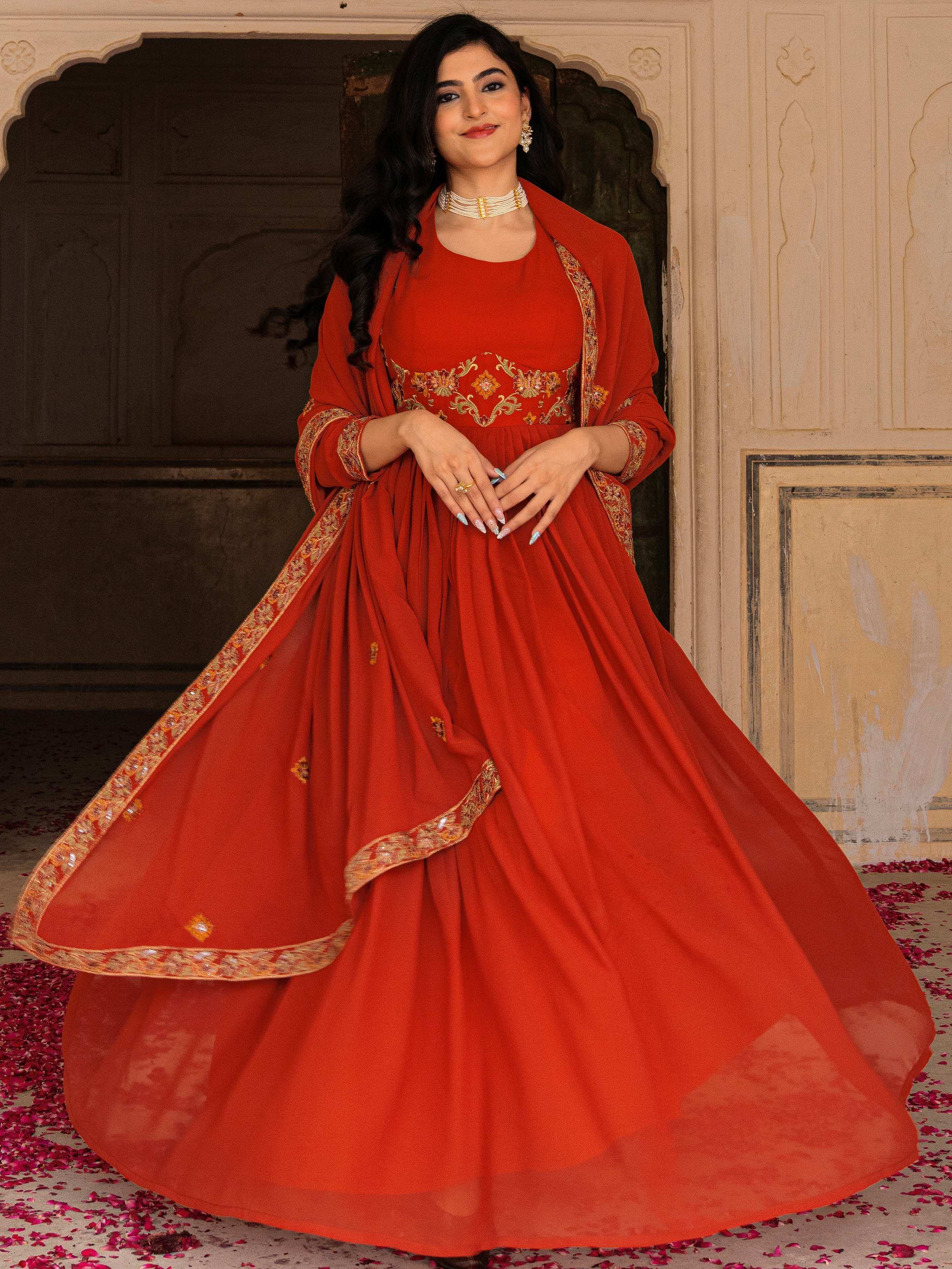 Glamorous Orange Embroidered Georgette Festive Wear Gown With Dupatta