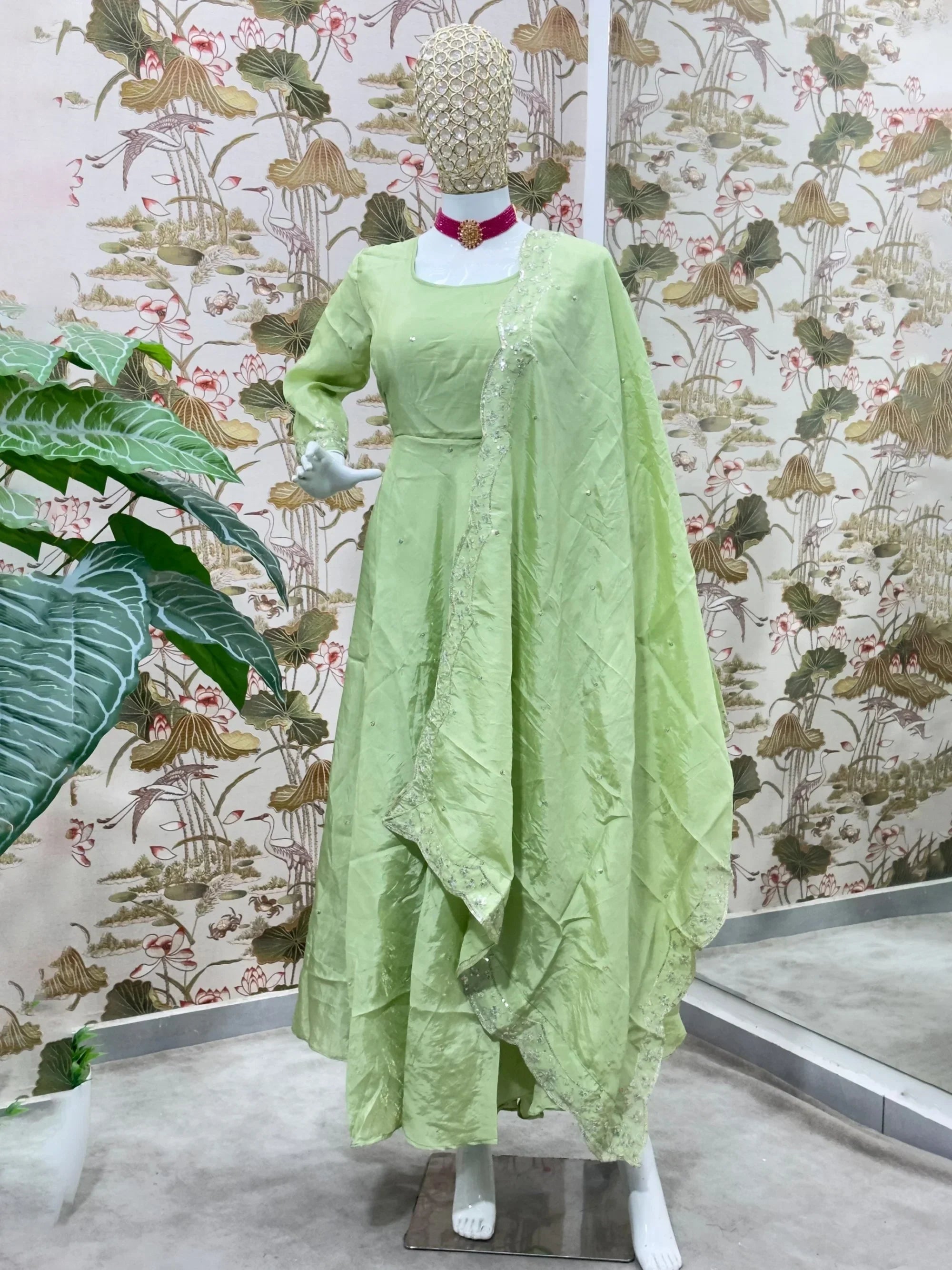 Amazing Green Sequins Embroidered Silk Festive Wear Gown With Dupatta