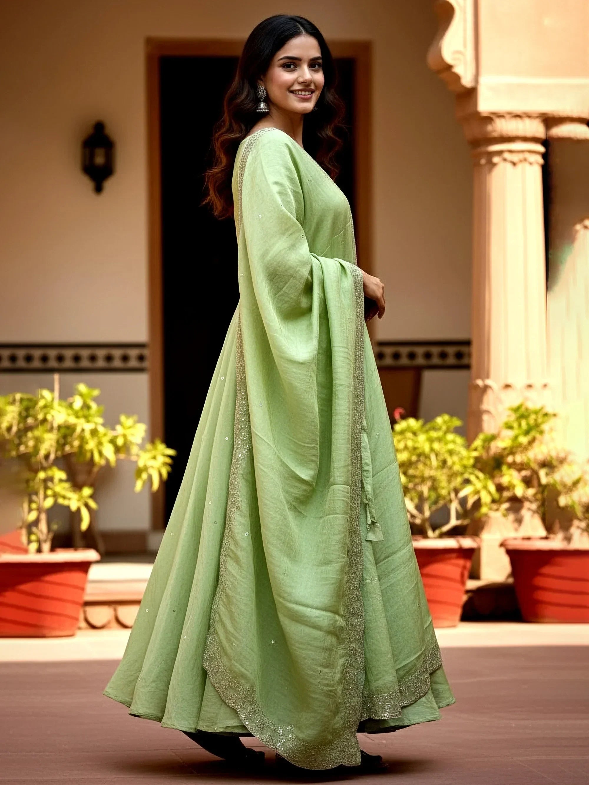 Amazing Green Sequins Embroidered Silk Festive Wear Gown With Dupatta