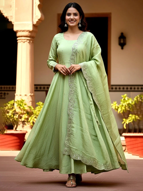 Amazing Green Sequins Embroidered Silk Festive Wear Gown With Dupatta