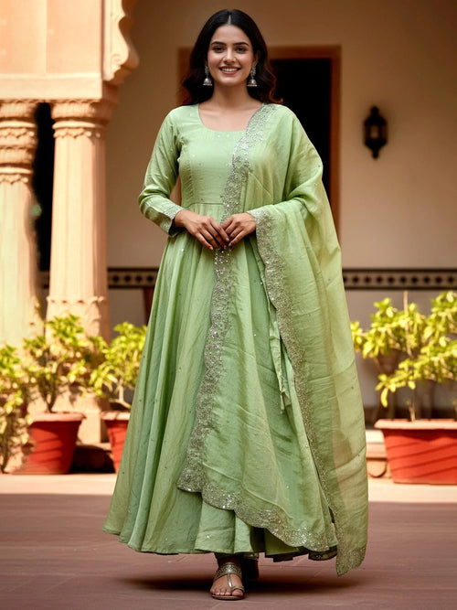 Amazing Green Sequins Embroidered Silk Festive Wear Gown With Dupatta