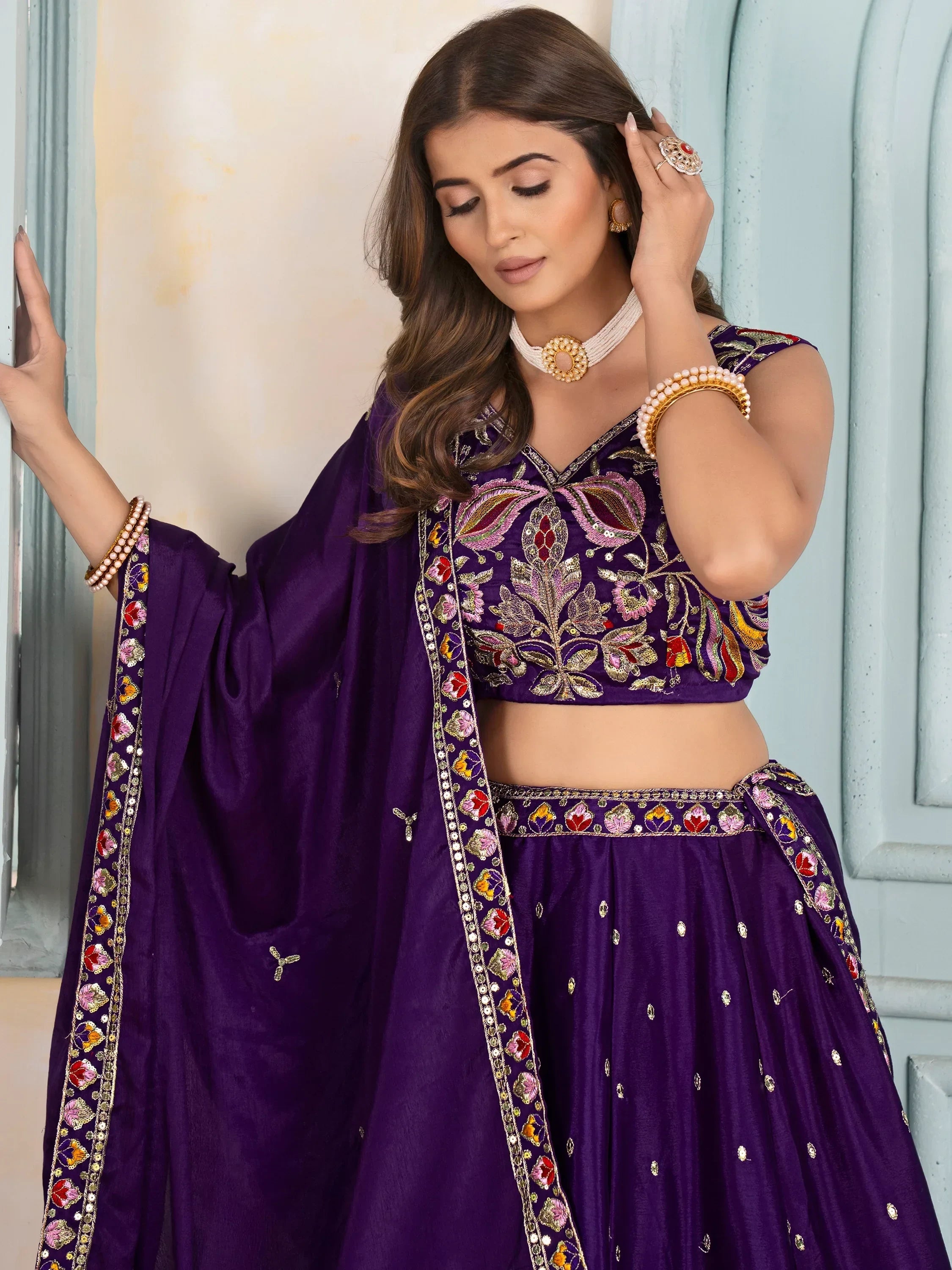Tantalizing Purple Thread Embroidered Chinon Wedding Wear Lehenga Choli