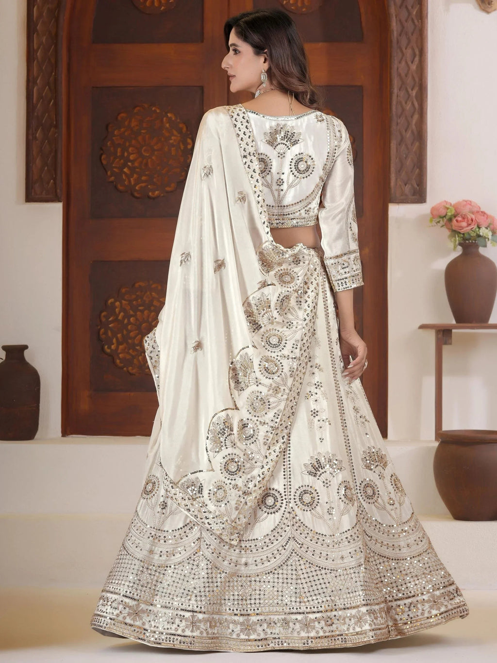 White Precious Sequins Chinon Engagement Wear Lehenga Choli With Dupatta